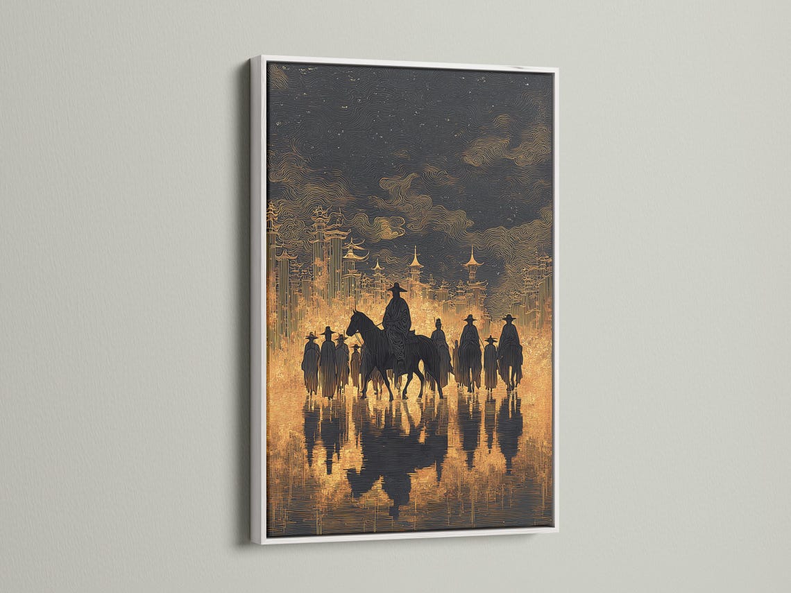 Cowboy riders on horseback in dark silhouettes with a black and gold skyline backdrop detail view