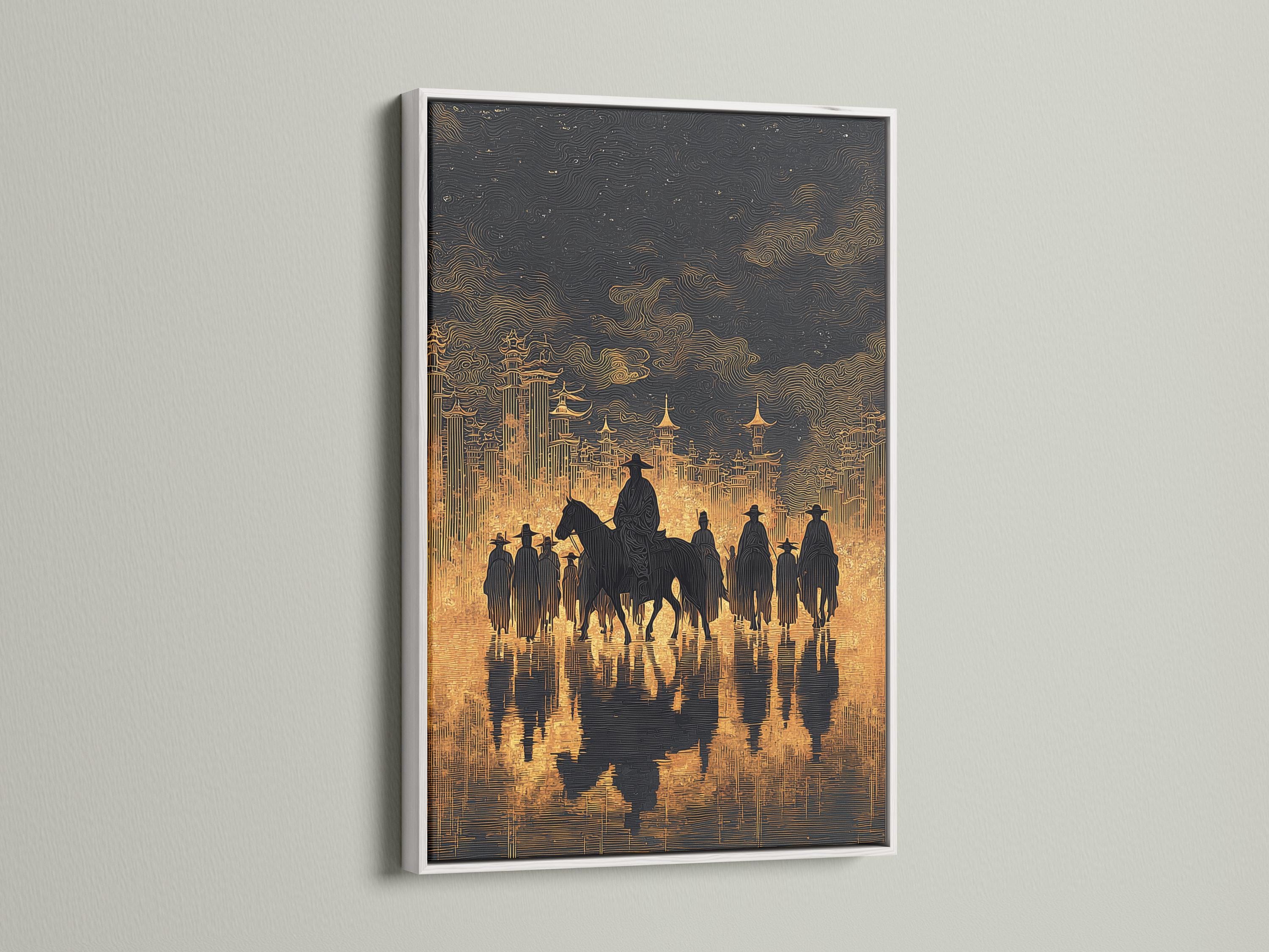Cowboy riders on horseback in dark silhouettes with a black and gold skyline backdrop detail view