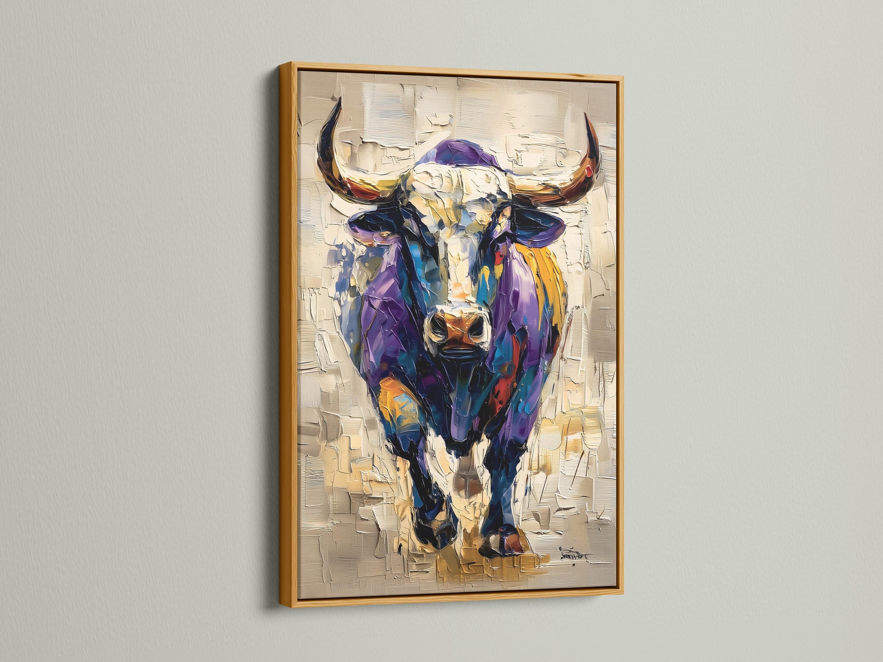 Stylised bull portrait with purple and blue tones, gold accents and a textured beige background detail view
