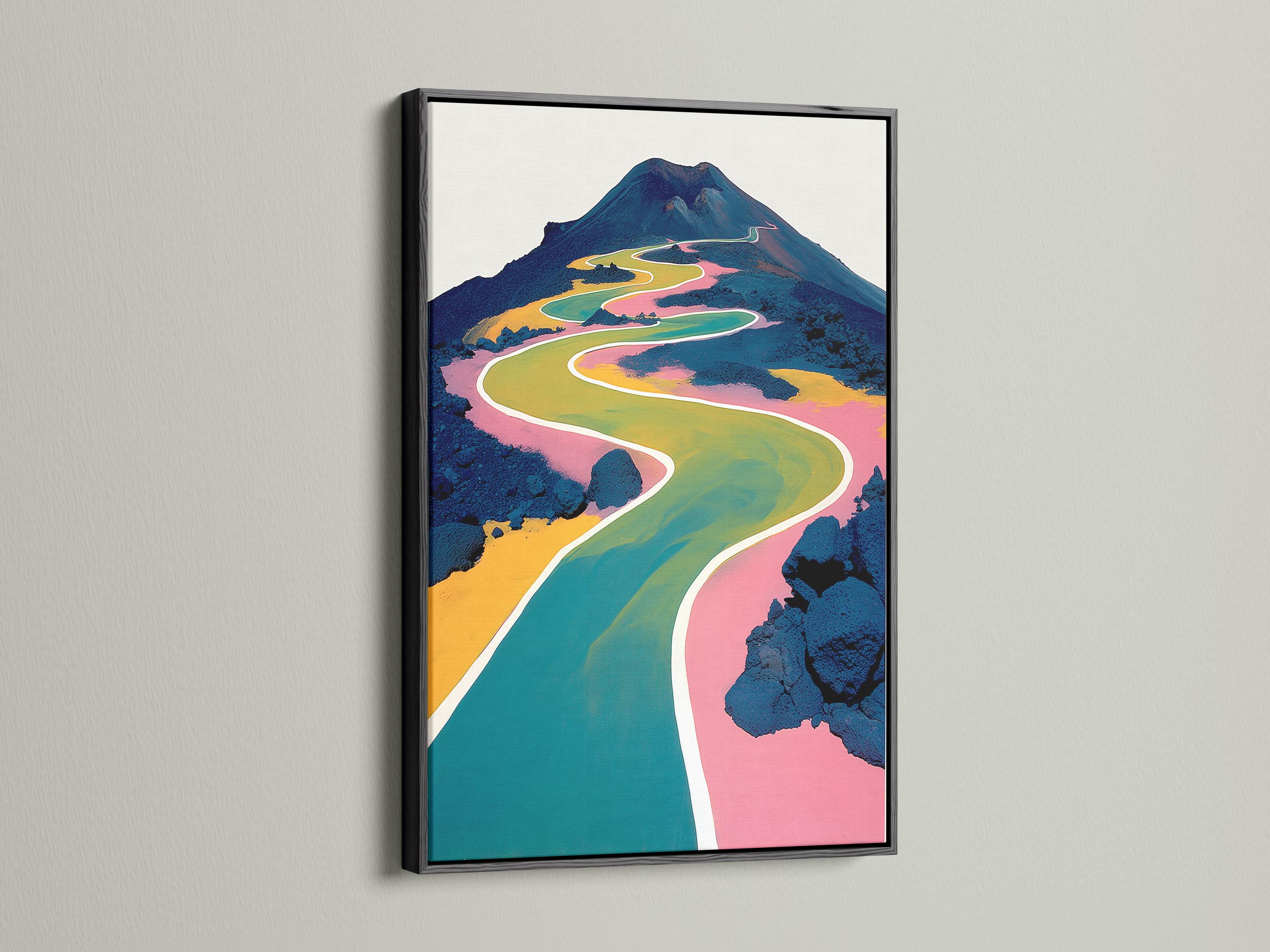 Winding road-like path through a stylised mountain landscape with teal, yellow and pink colours detail view