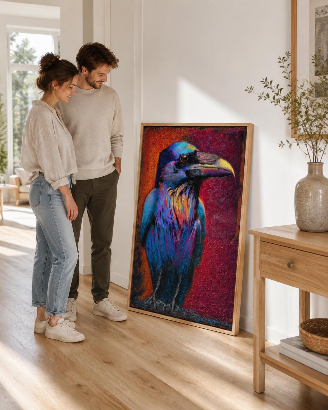 A raven portrait artwork displayed in a barbershop setting