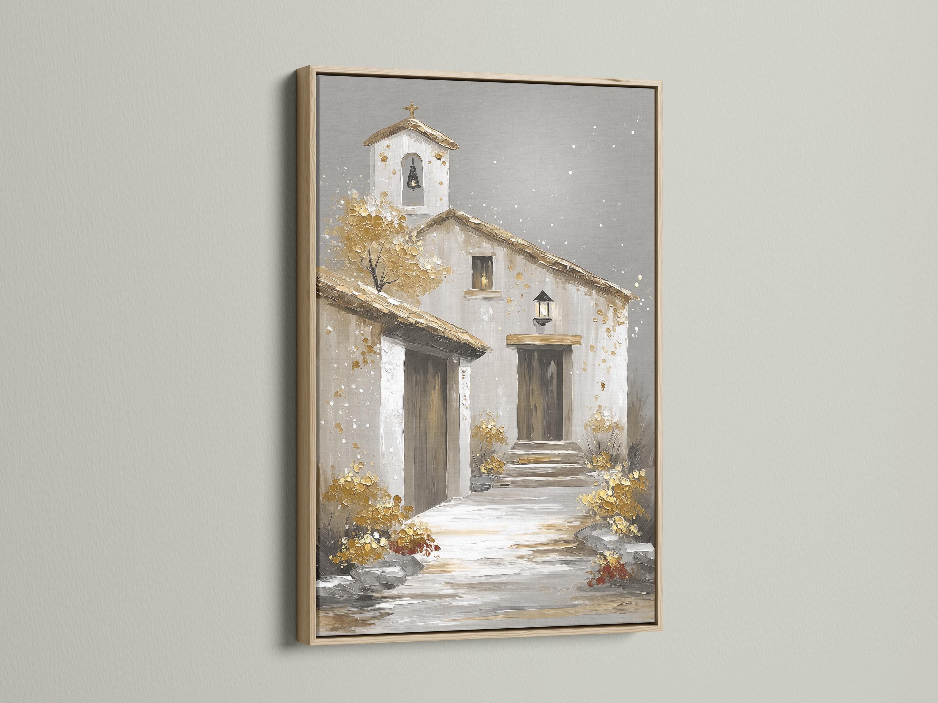 Stylised grey church exterior with a golden star ornament and shimmering gold and white flecks detail view