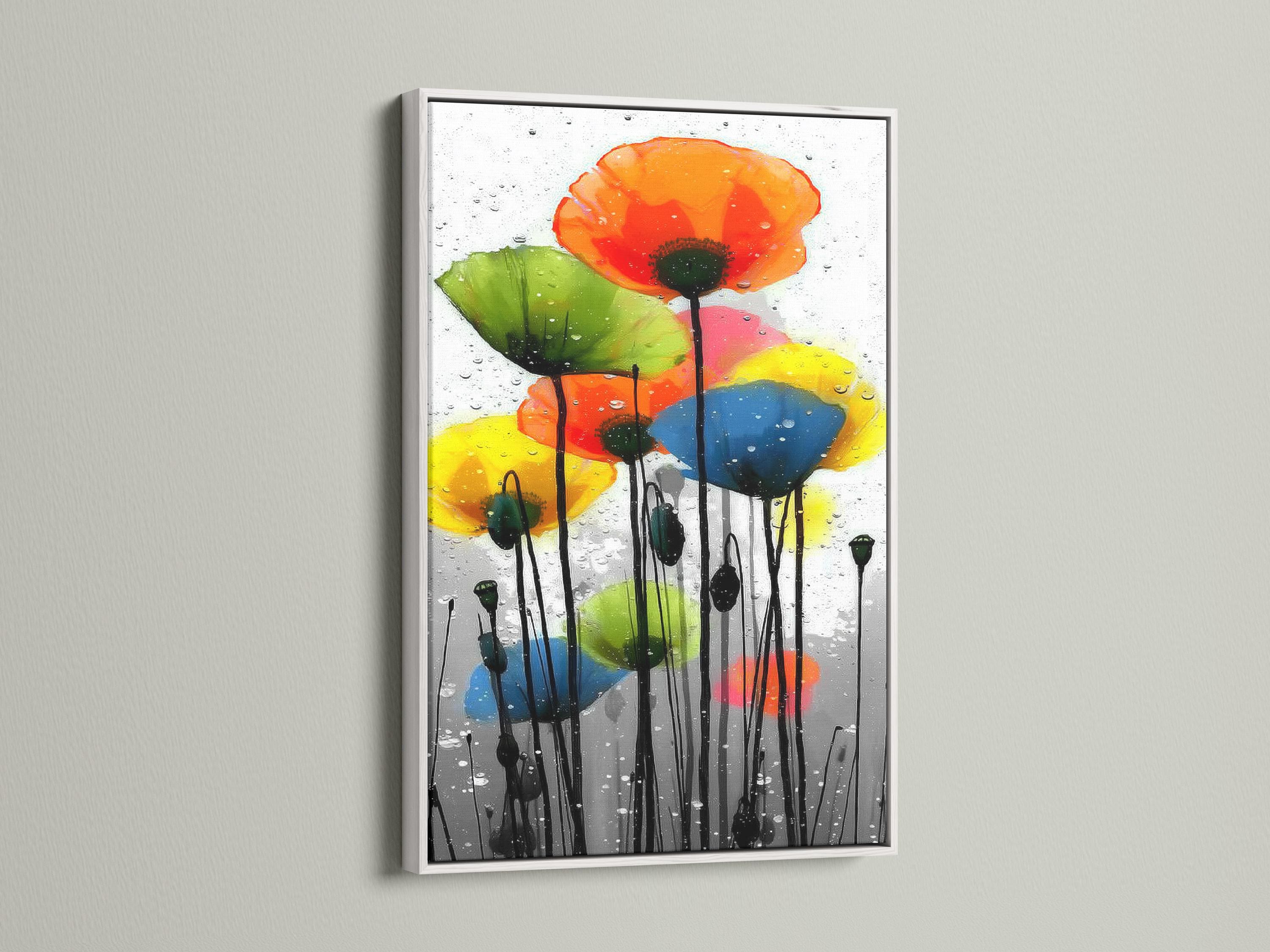 Orange poppy-like flowers with dark stems and raindrop-like speckling on a light background detail view