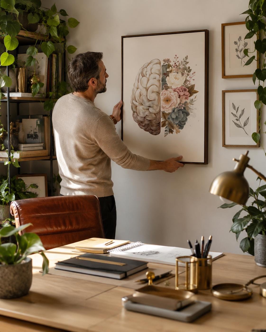Person reading beside a framed split brain and floral artwork on a floor in a softly lit room