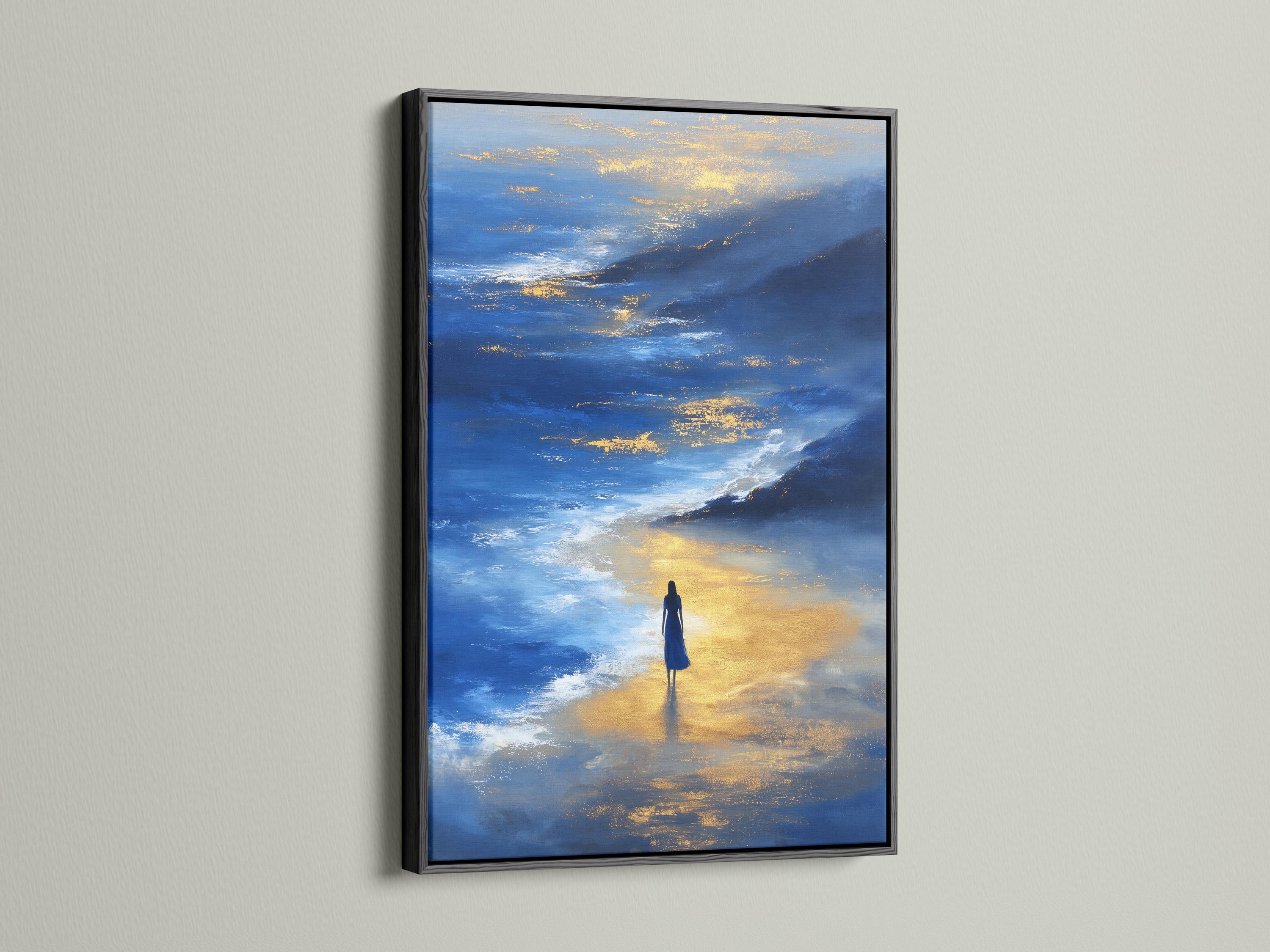 Blue and gold seascape artwork with layered ocean waves, a solitary figure, and a reflection detail view