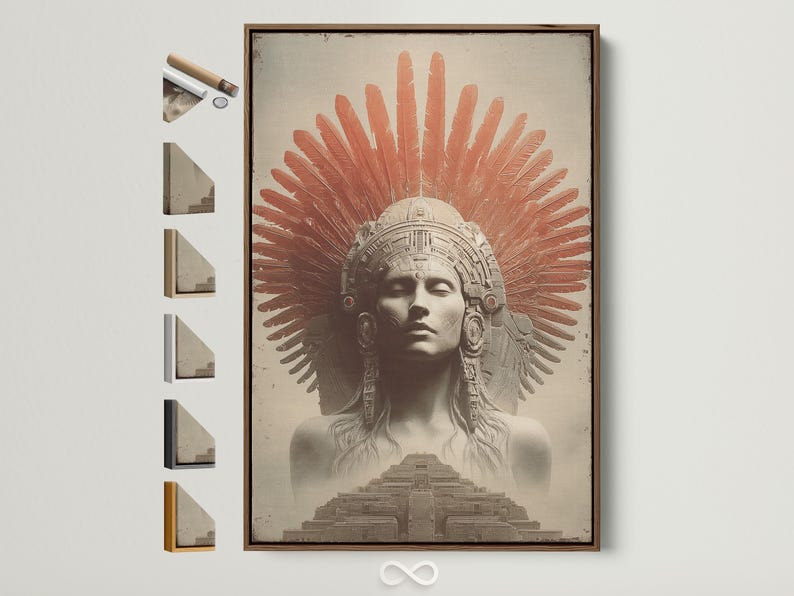 Stylised portrait figure with a fan-shaped headdress in beige, terracotta, rust and dark charcoal tones