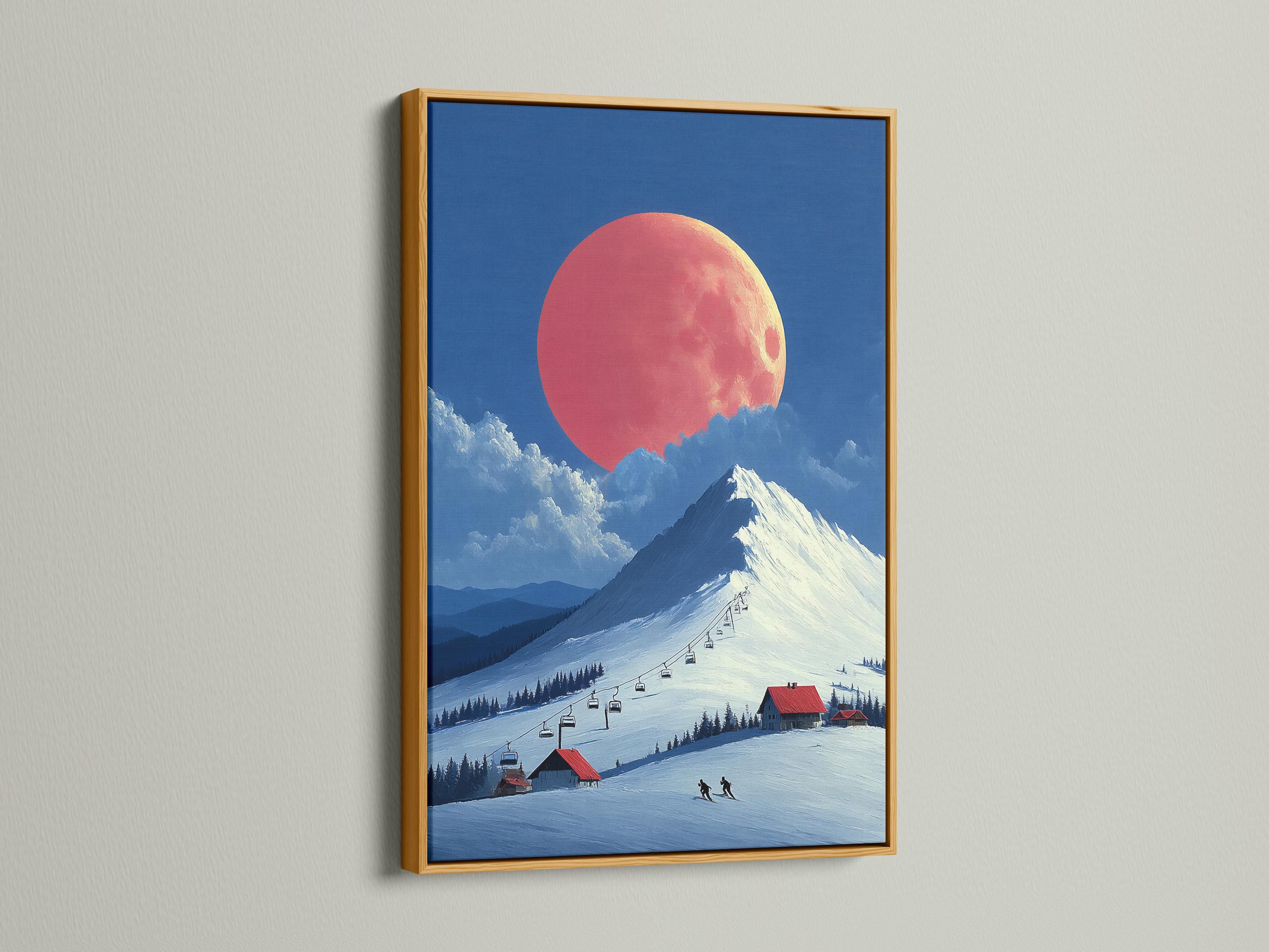 A snowy mountain landscape is shown under a large red-orange moon, with blue slopes, clouds, a ski lift line, and small skiers below detail view