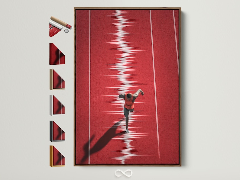 Red runner sprinting on a track with white lane lines and motion streaks