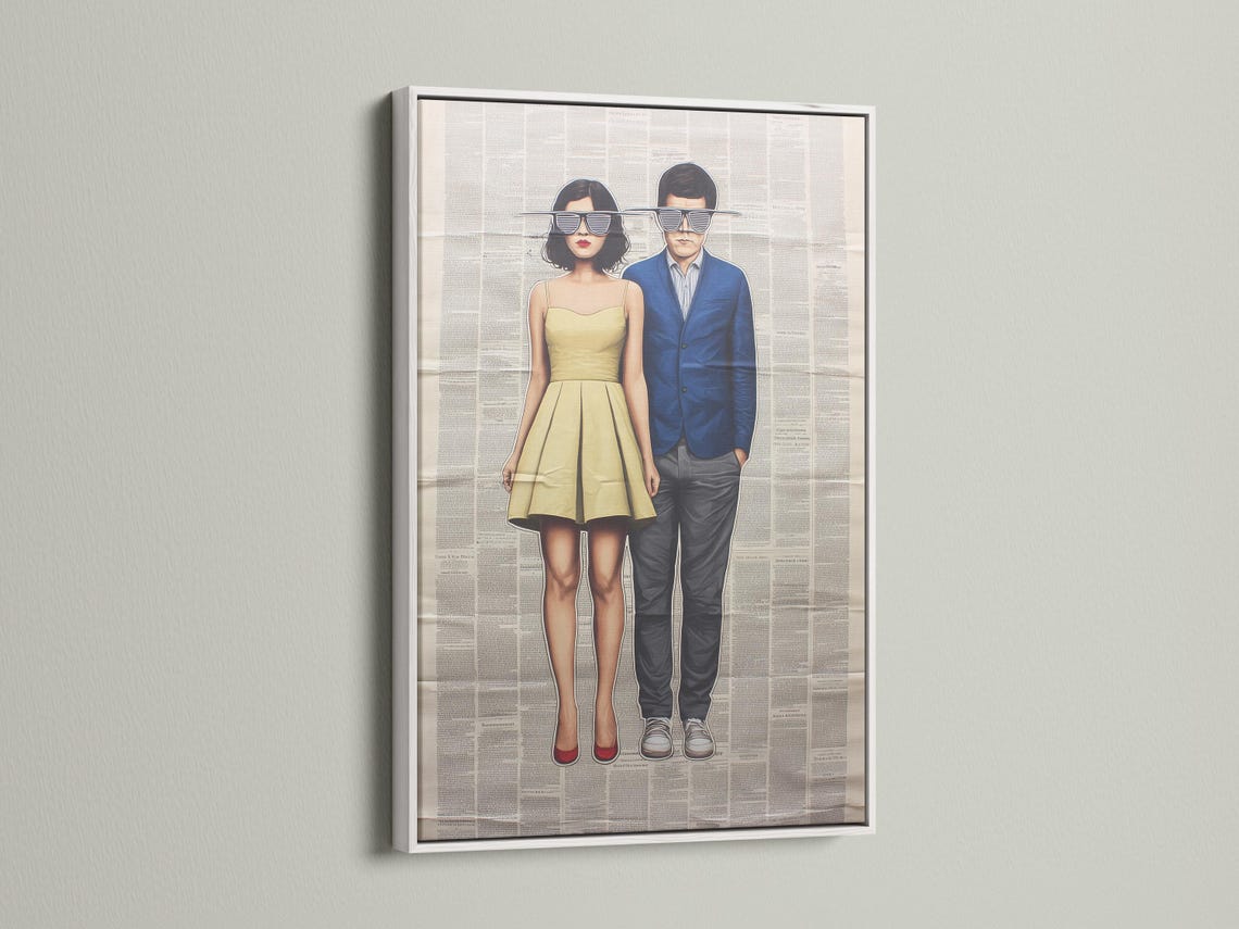 Wall mockup showing framed retro couple artwork with newspaper-text background