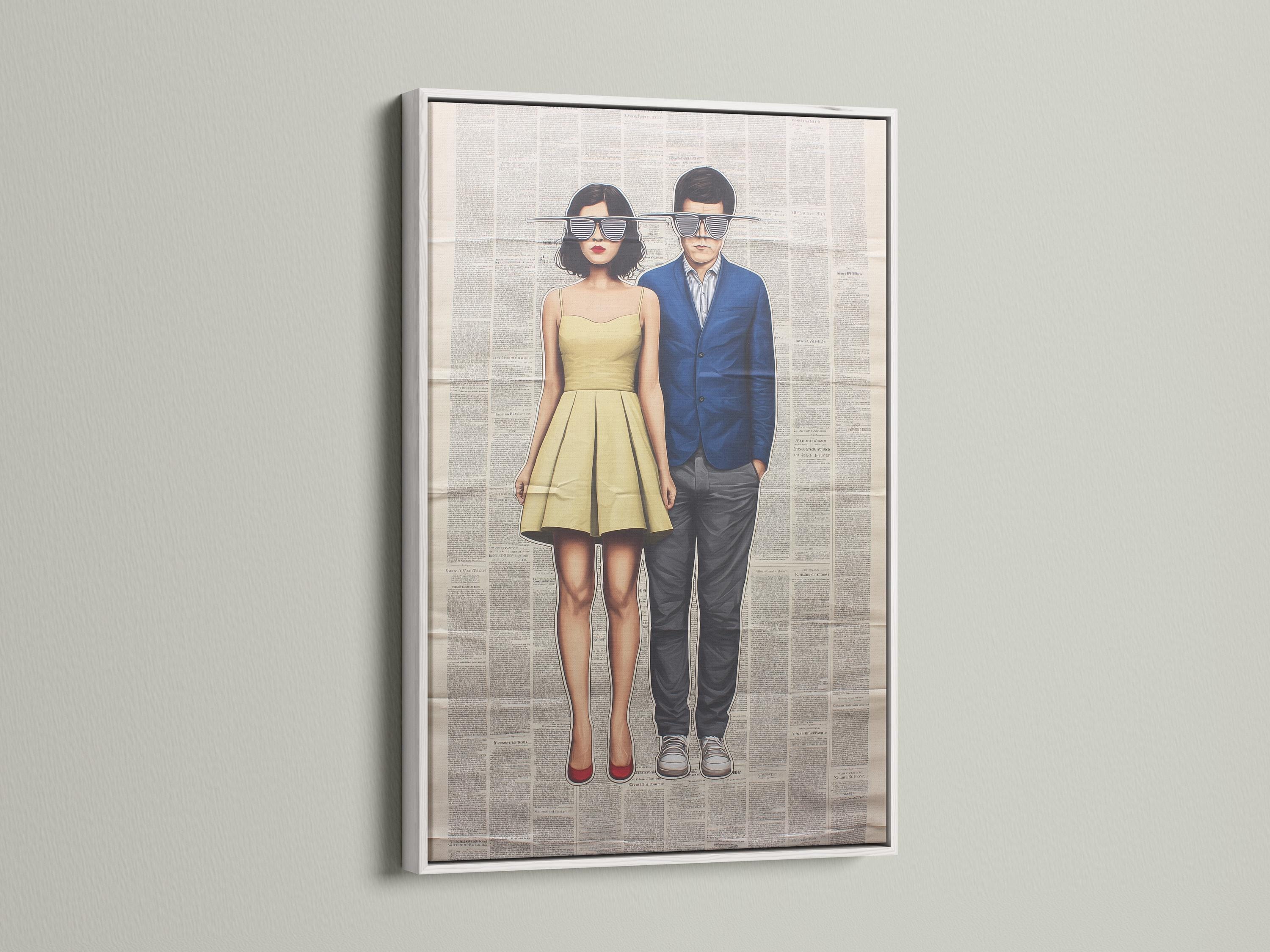 Wall mockup showing framed retro couple artwork with newspaper-text background