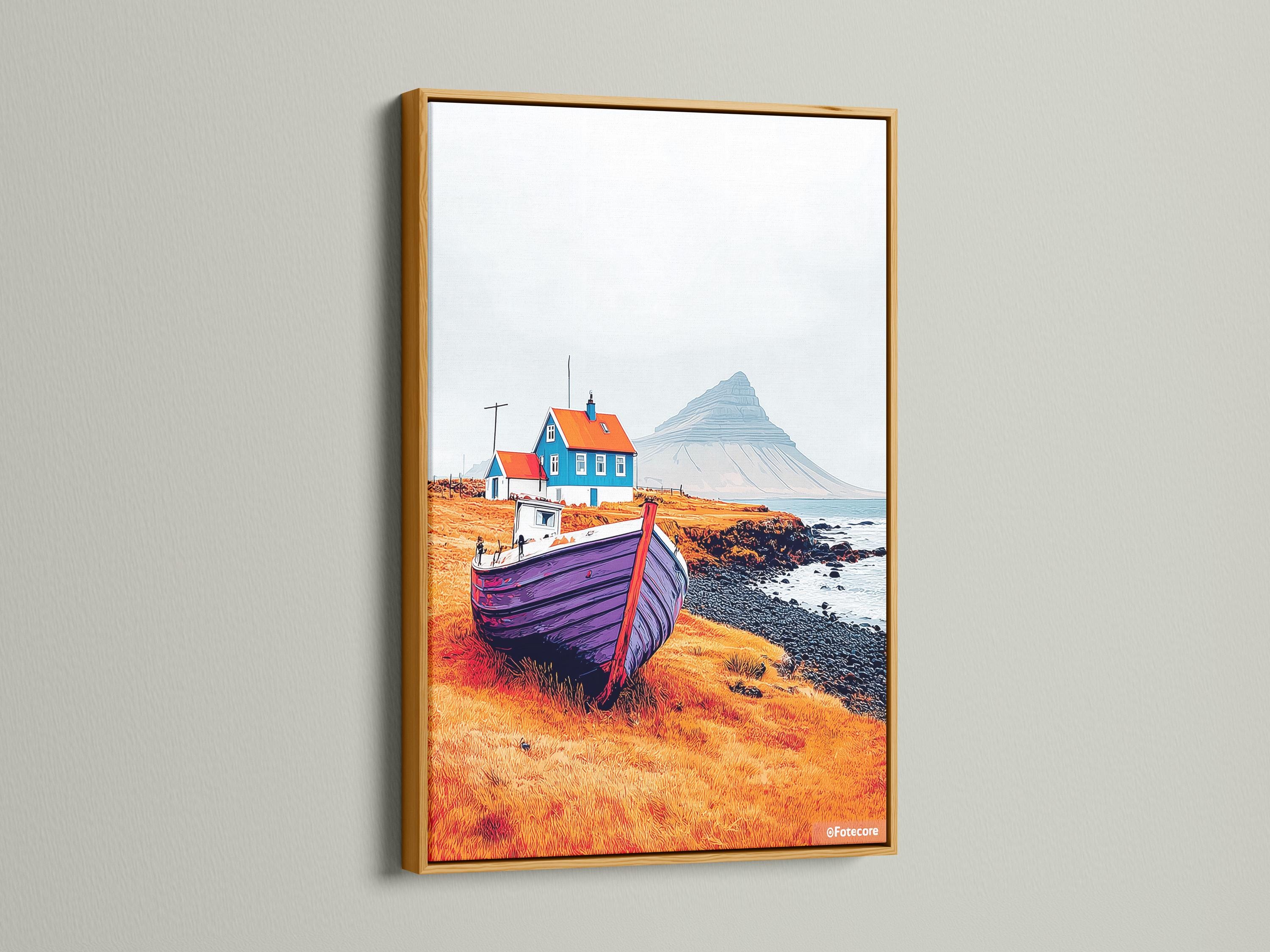 Stylised coastal landscape with a purple boat, blue house, rocky shoreline, waves and distant mountain detail view