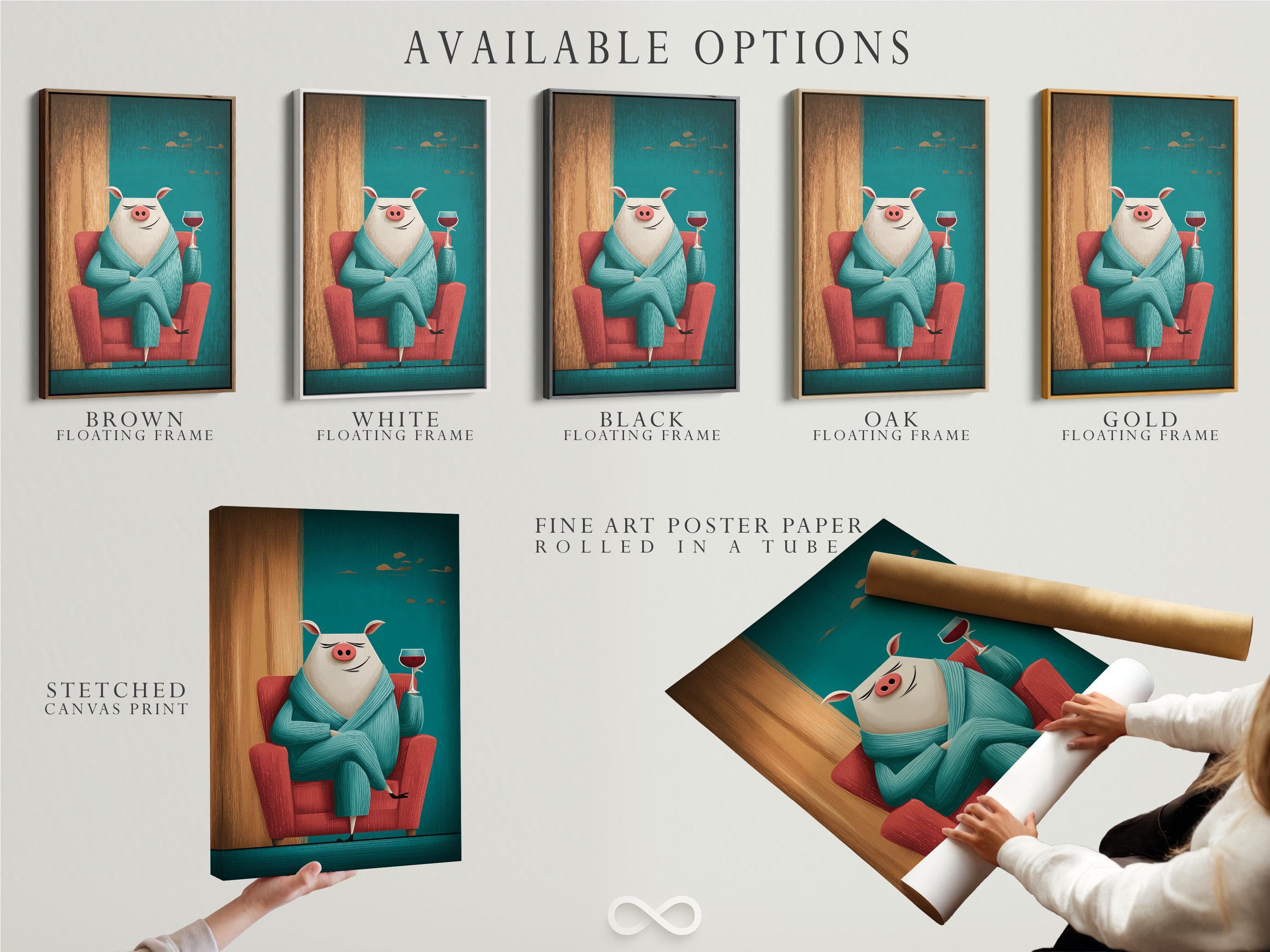 Illustration of a smiling pig in a teal jumper holding a wine glass detail view