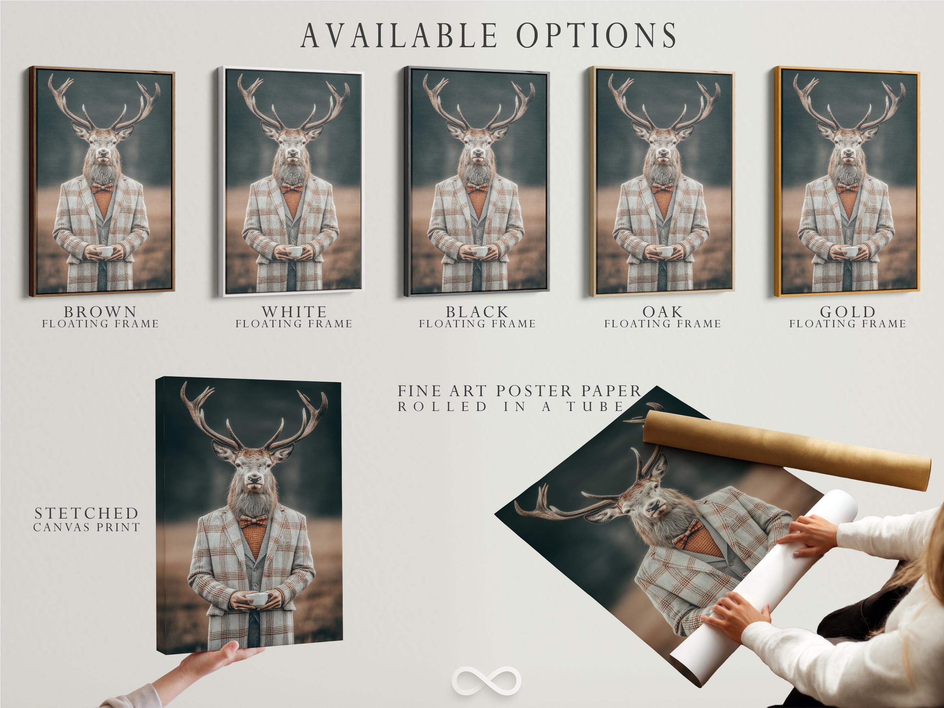 Gentleman deer portrait with antlers wearing a grey plaid suit, bow tie and holding a cup detail view