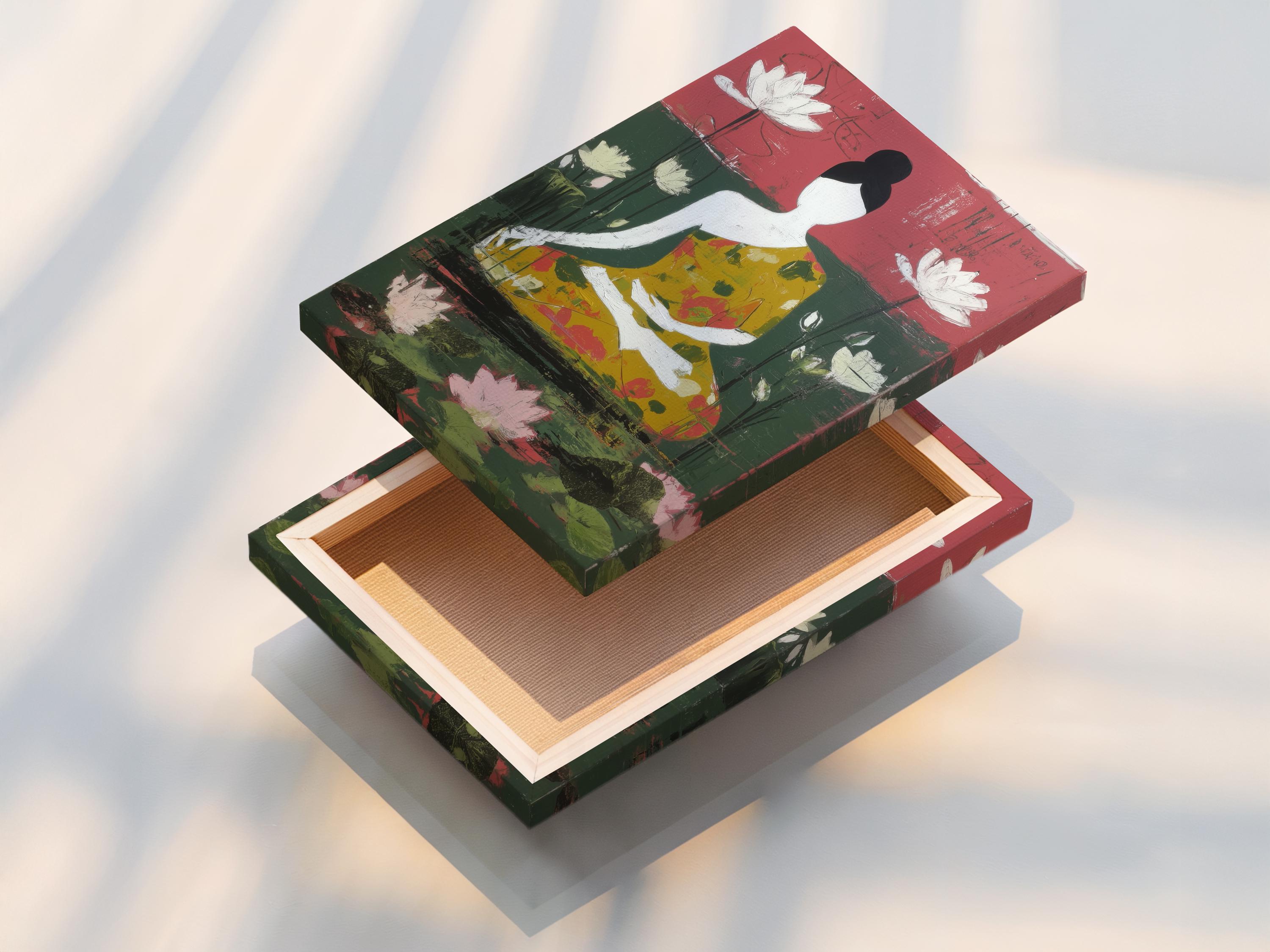 Stylised seated figure surrounded by white lotus flowers with rose pink and green textured background detail view
