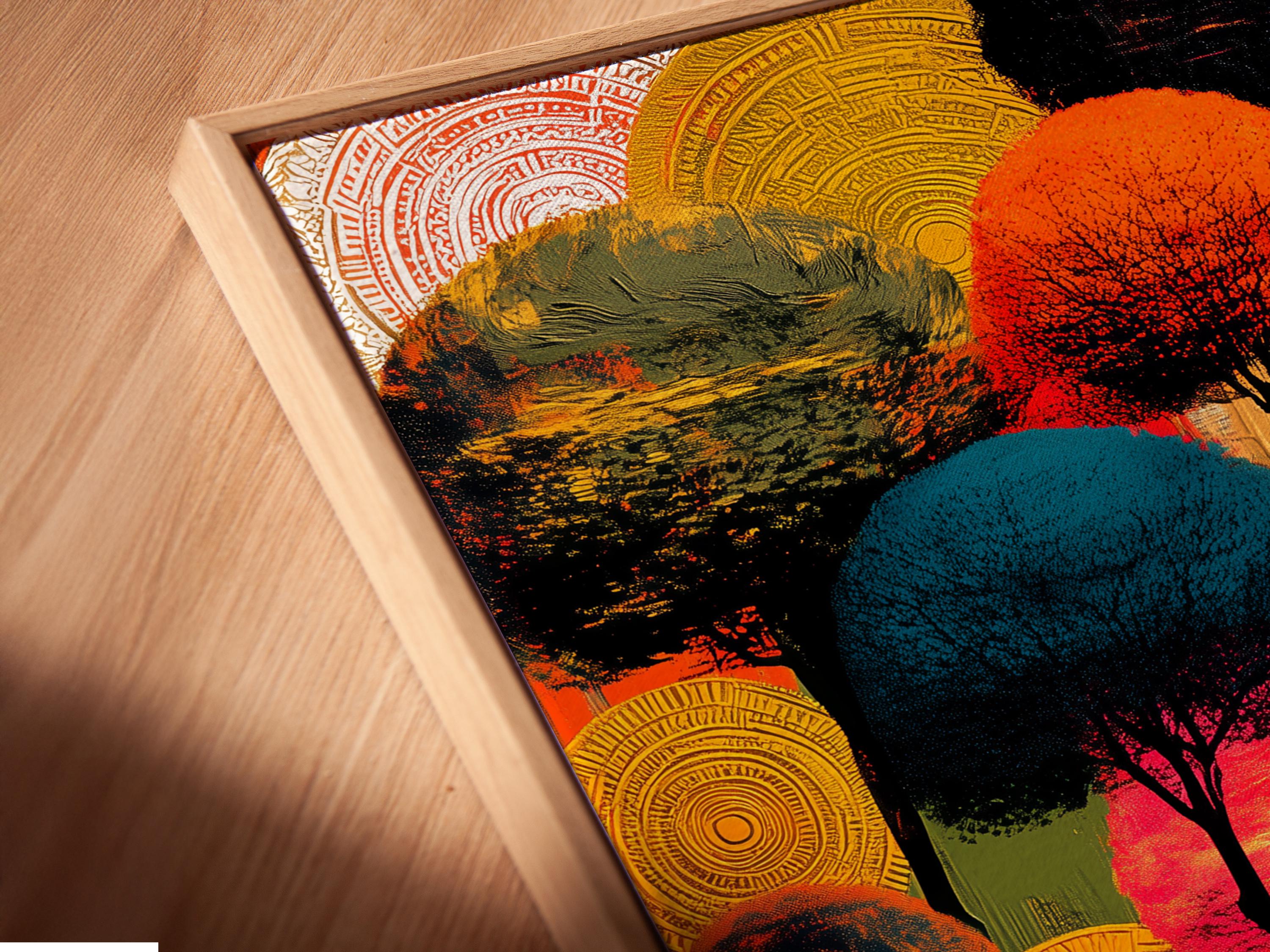 Wall mockup featuring an abstract forest artwork with orange and teal tones and circular line patterns