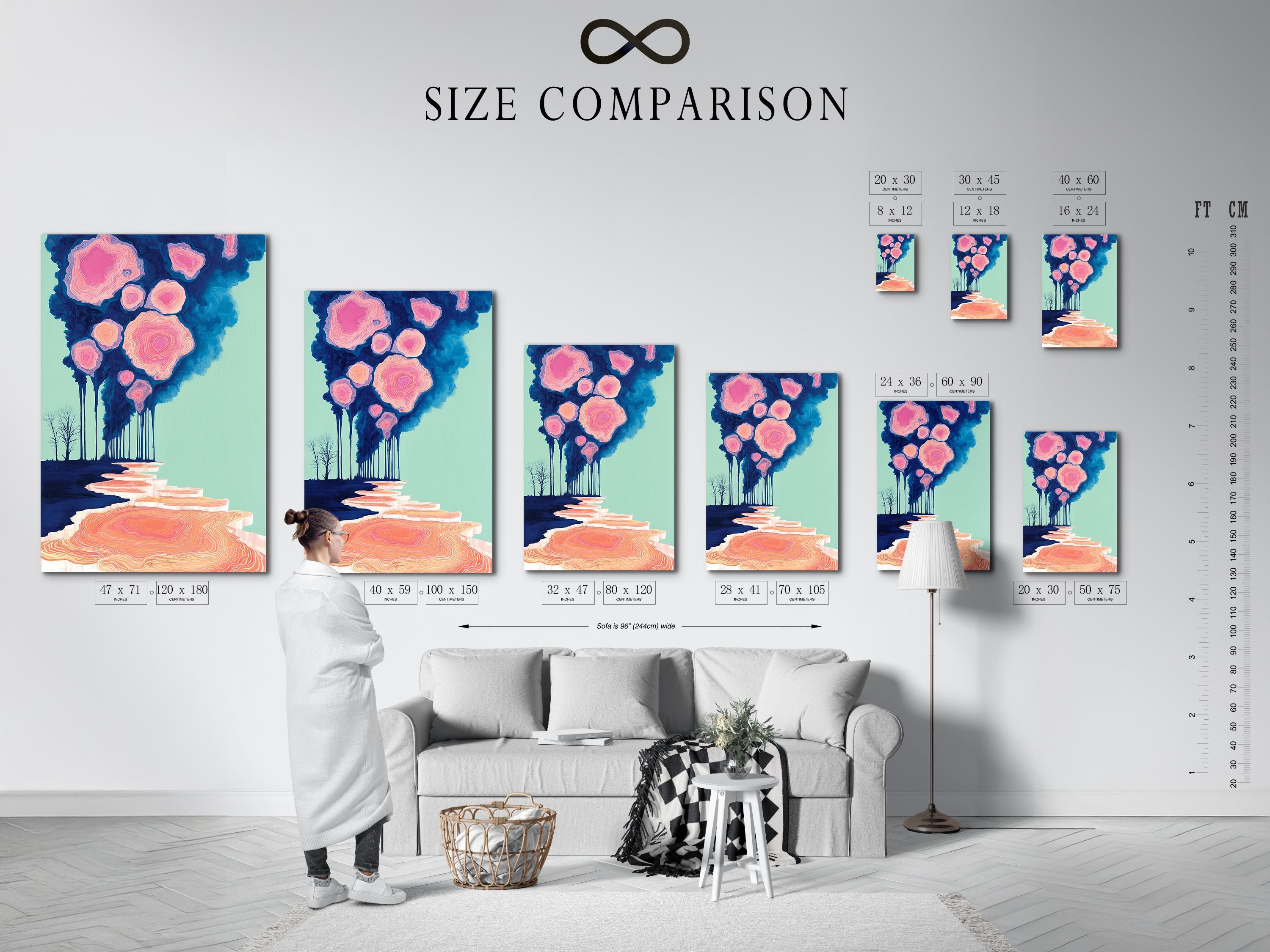 Teal and pink abstract forest scene with concentric ring-like forms and drips detail view