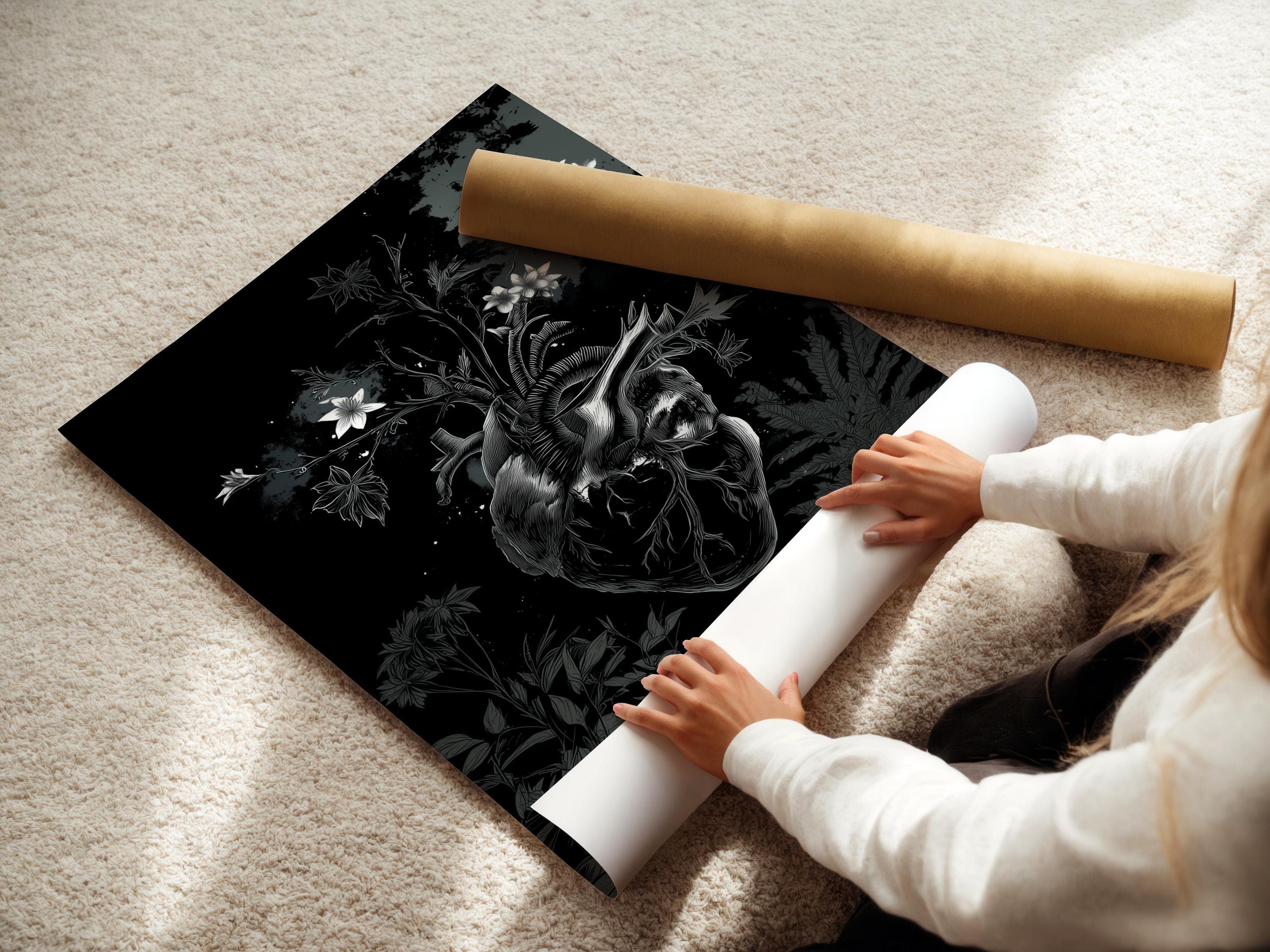 Room mockup showing a framed monochrome botanical heart artwork on a wall