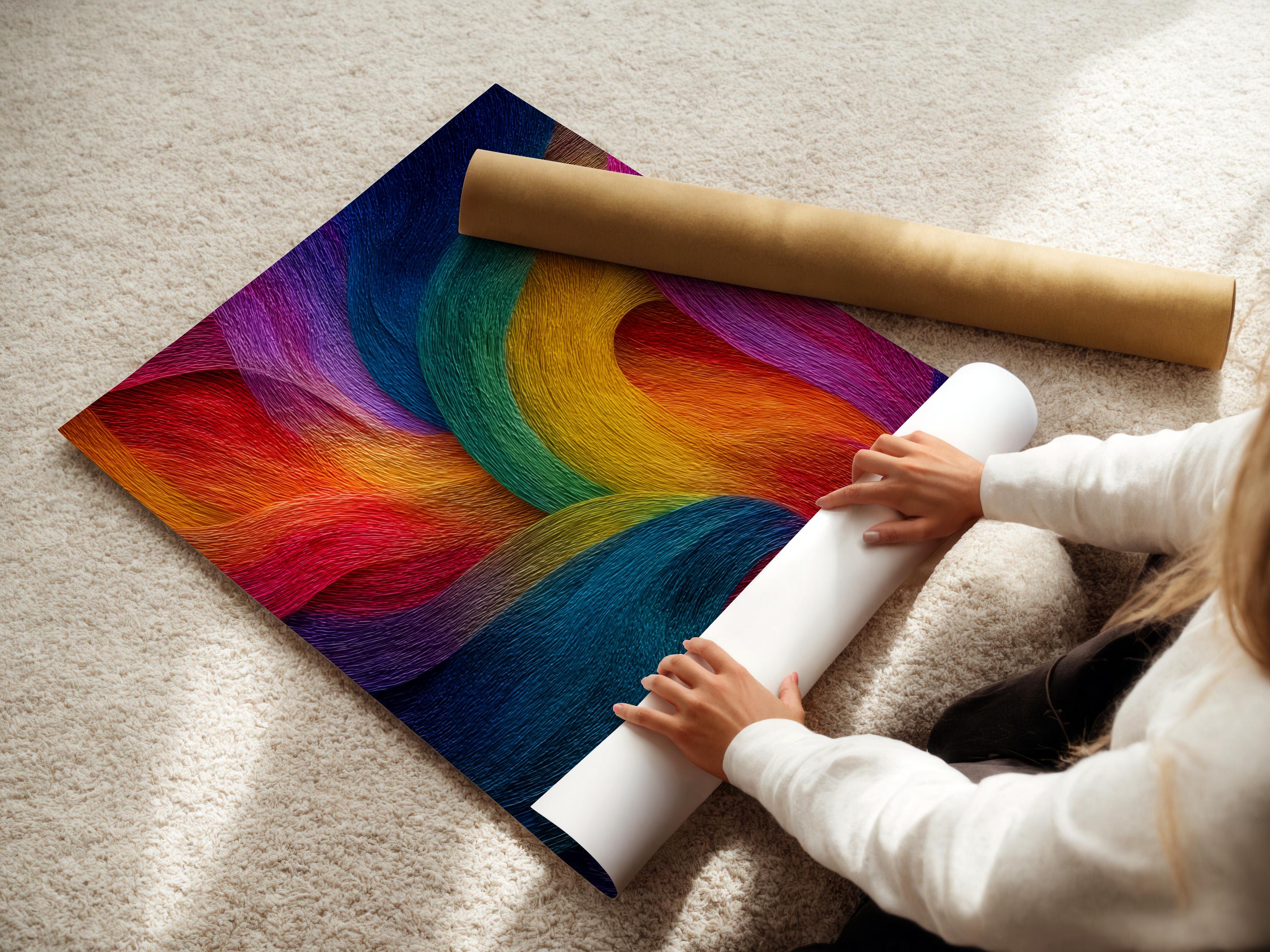 Rainbow abstract artwork with flowing curved bands in purple, blue, pink, teal, yellow and orange detail view