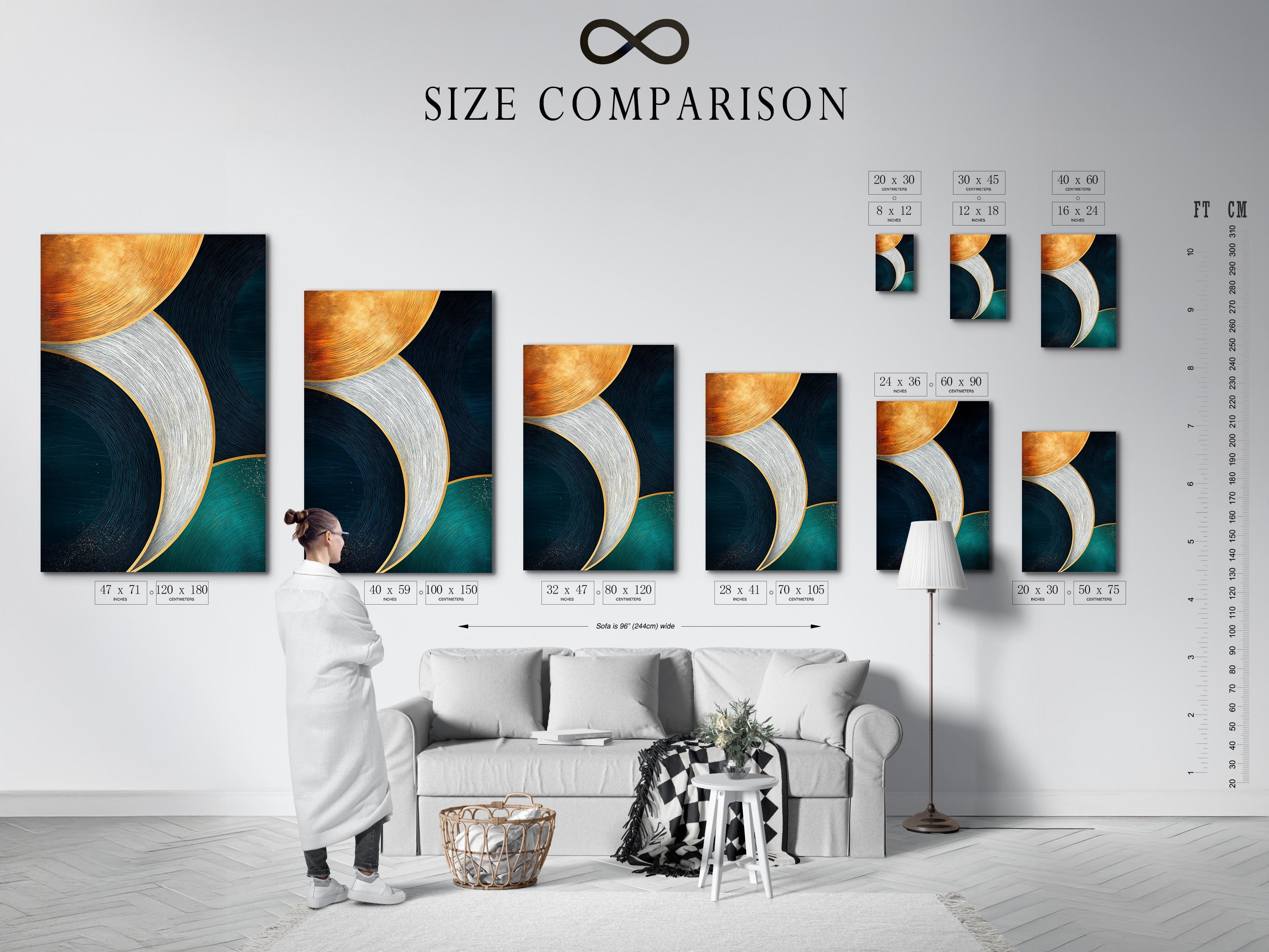Abstract geometric artwork with teal and navy curved circles and gold outlines detail view