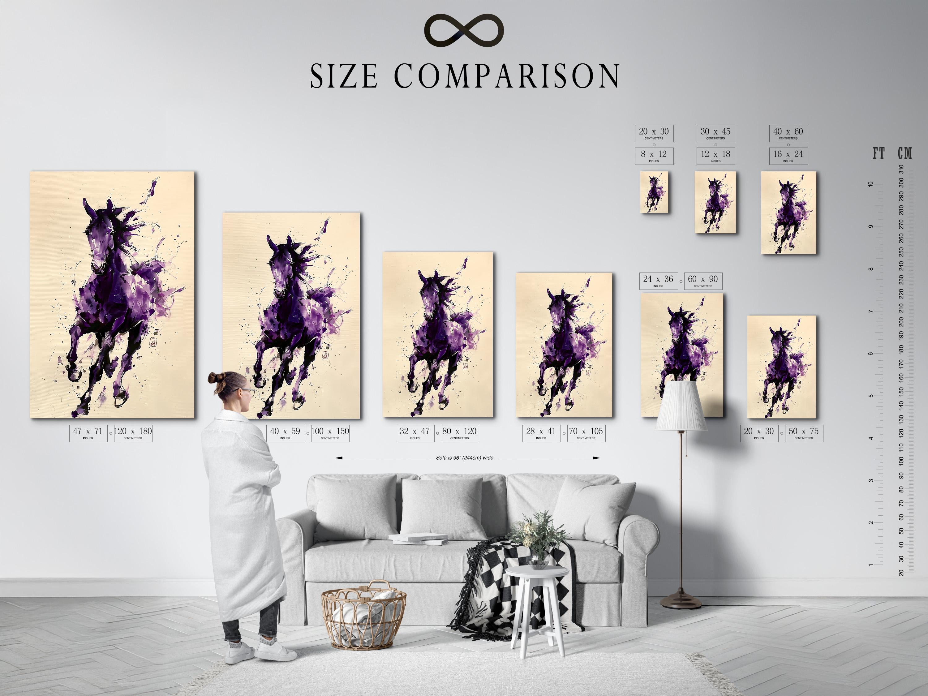 Abstract purple horse illustration with splatter marks on a cream background detail view