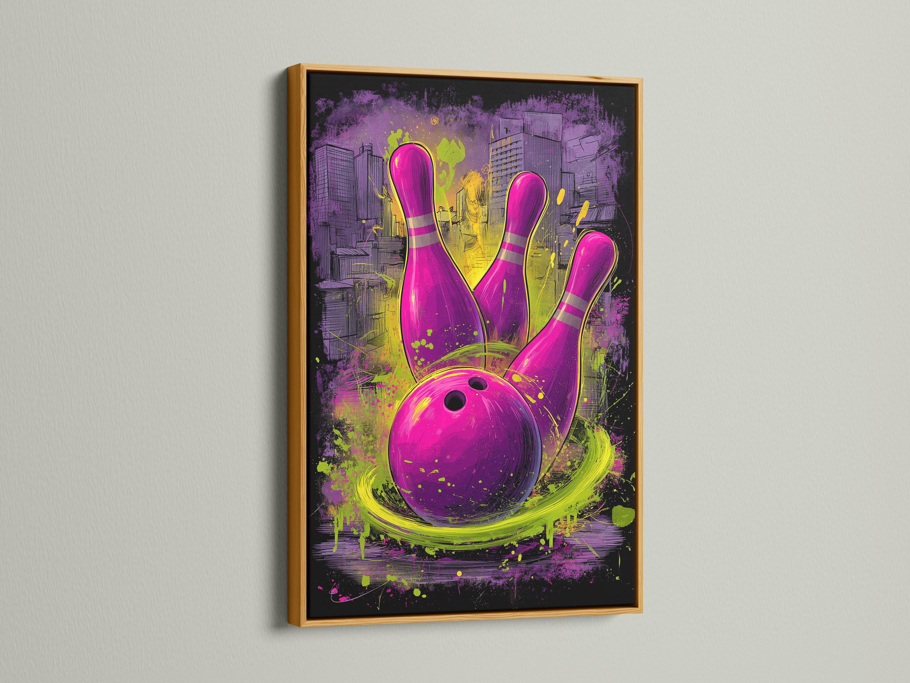 Neon purple bowling pins and ball with lime-green graffiti splashes over a city skyline detail view