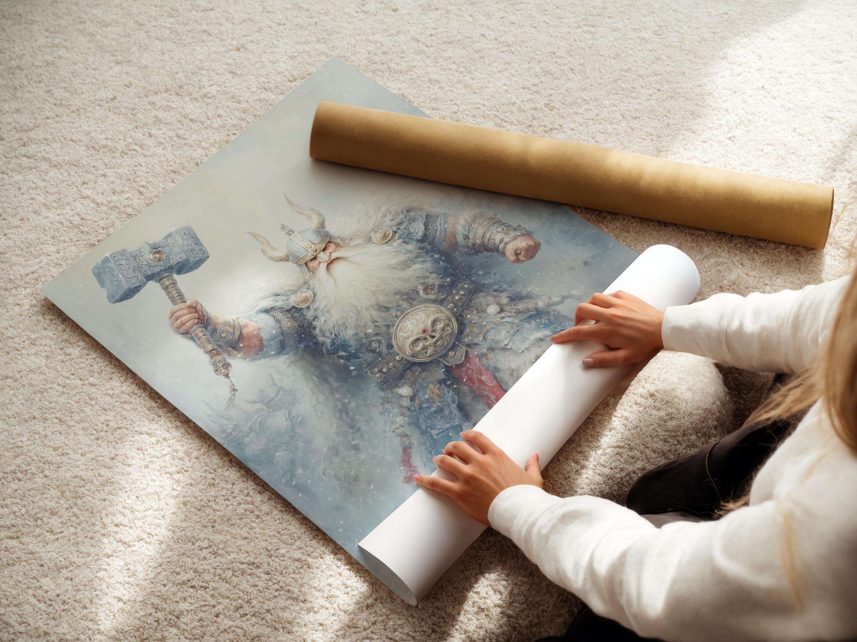 Misty Norse-style warrior holding a raised hammer in blue-grey tones with muted red accents detail view