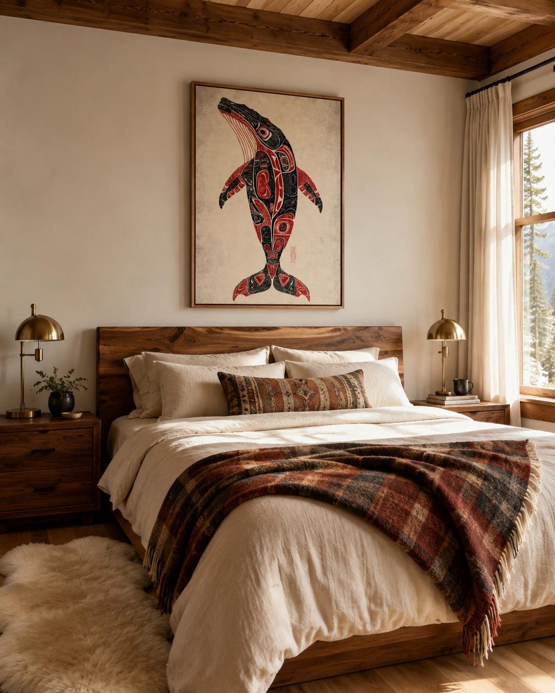 Man holding a mug beside a framed whale artwork in a rustic cabin setting
