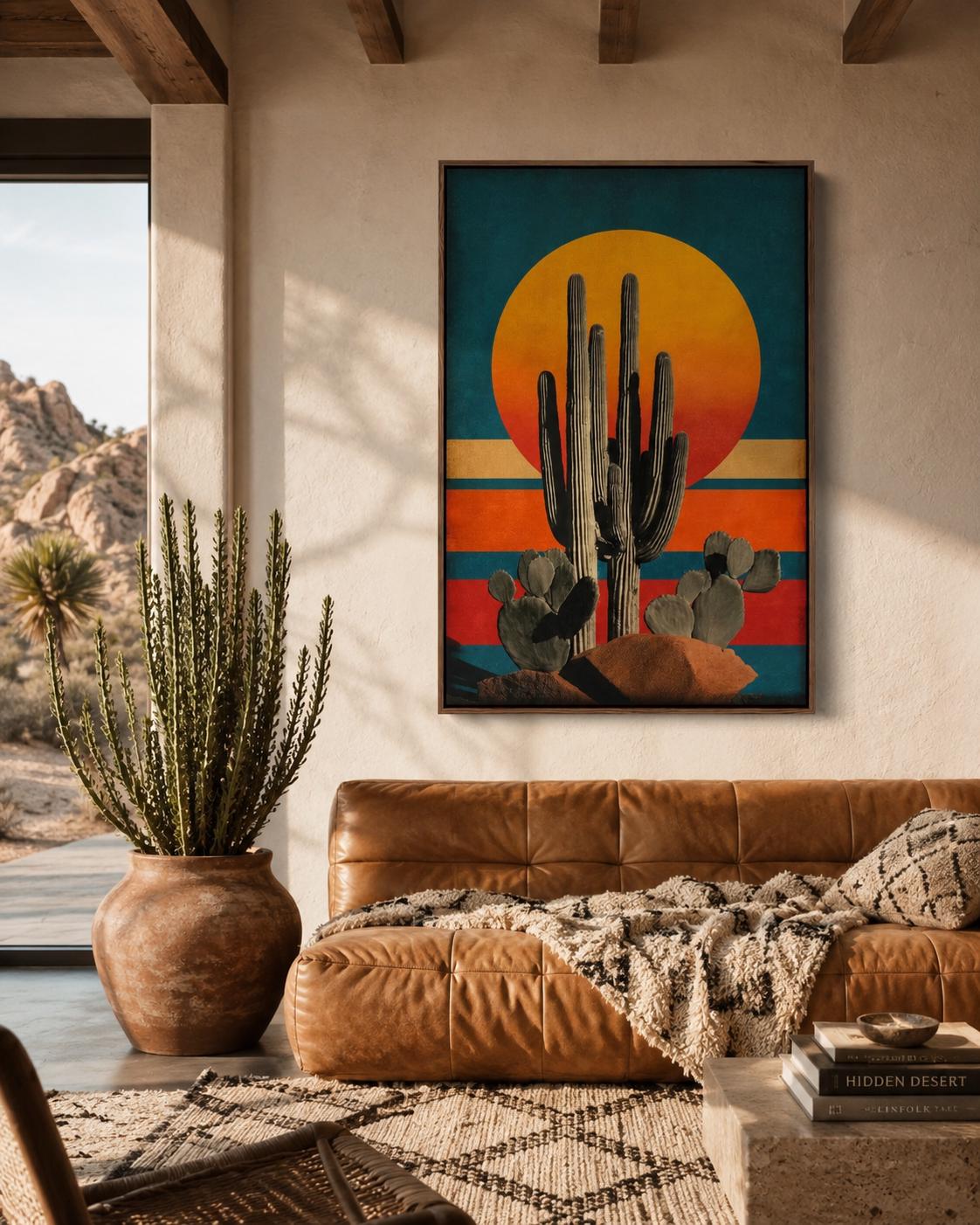 Illustration of a tall cactus with rounded pads beneath a large golden sun over teal and terracotta stripes detail view