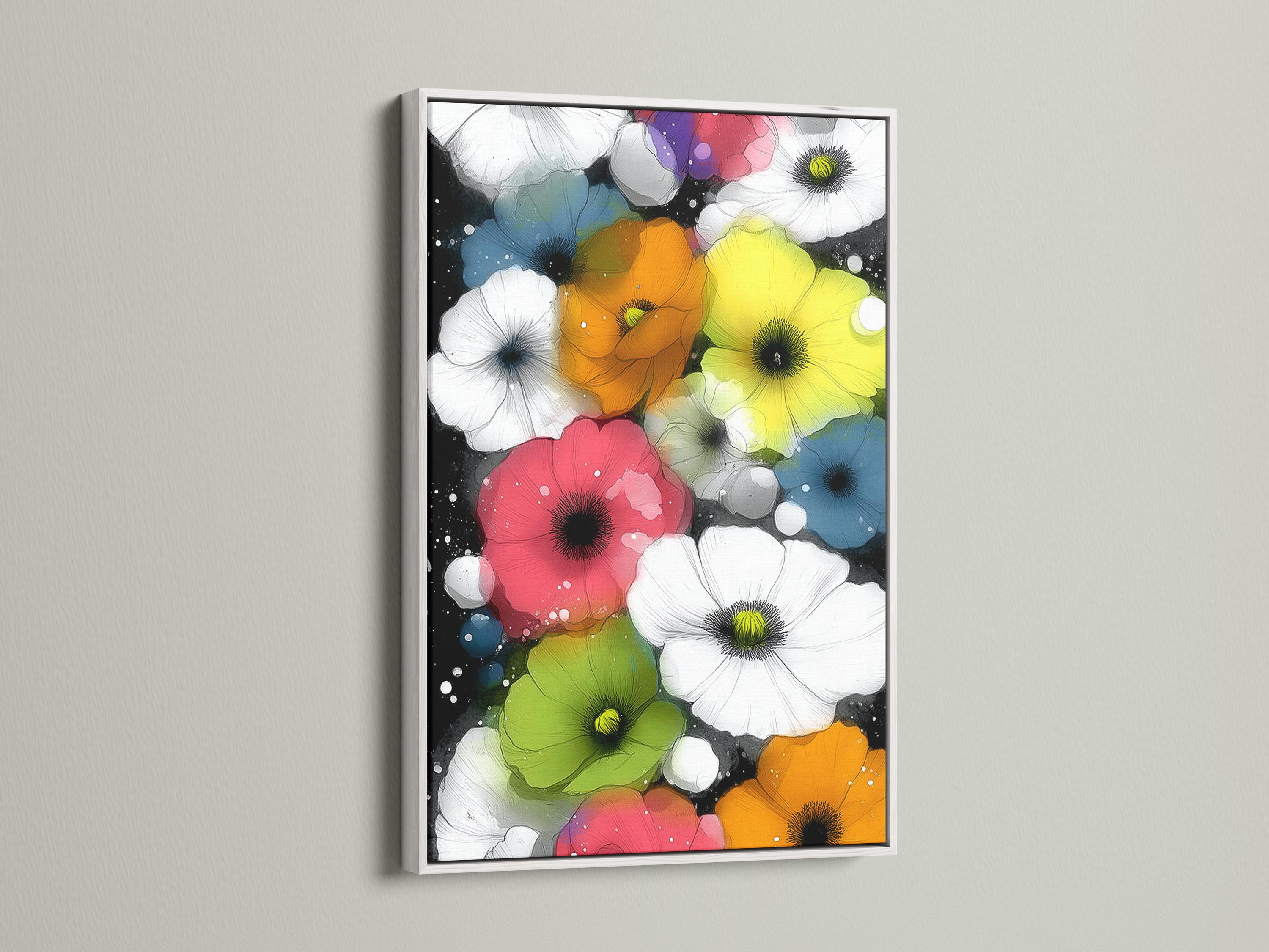 Wall mockup featuring a framed floral artwork with bright poppy-like flowers