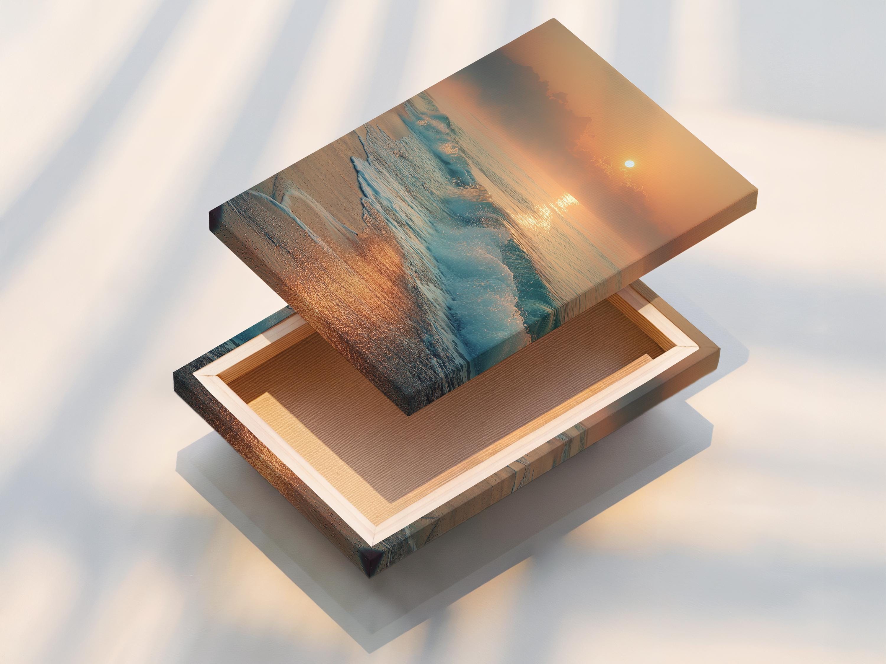 A sunrise seascape shows a glowing sun above layered clouds, with ocean waves rolling onto a sandy shore and reflecting warm light detail view