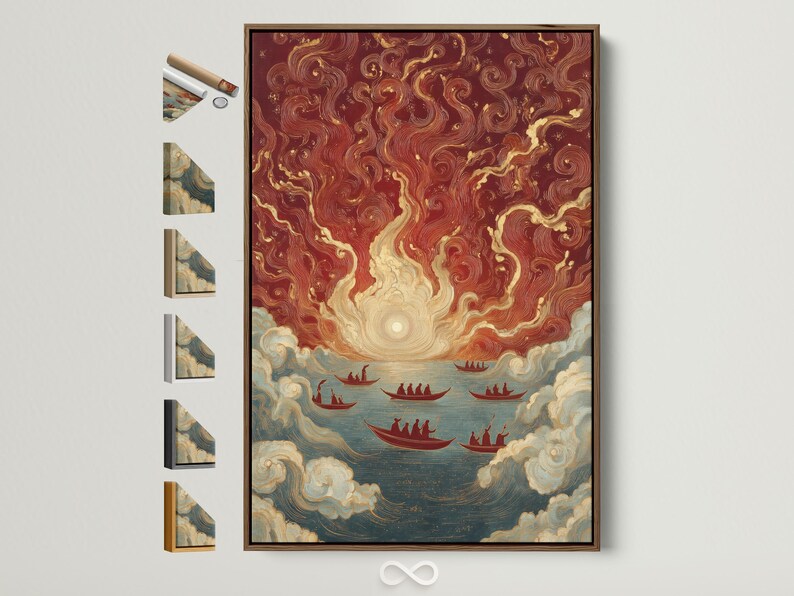 Stylised maritime artwork with a sunrise glow, swirling clouds and several red boats on ocean water