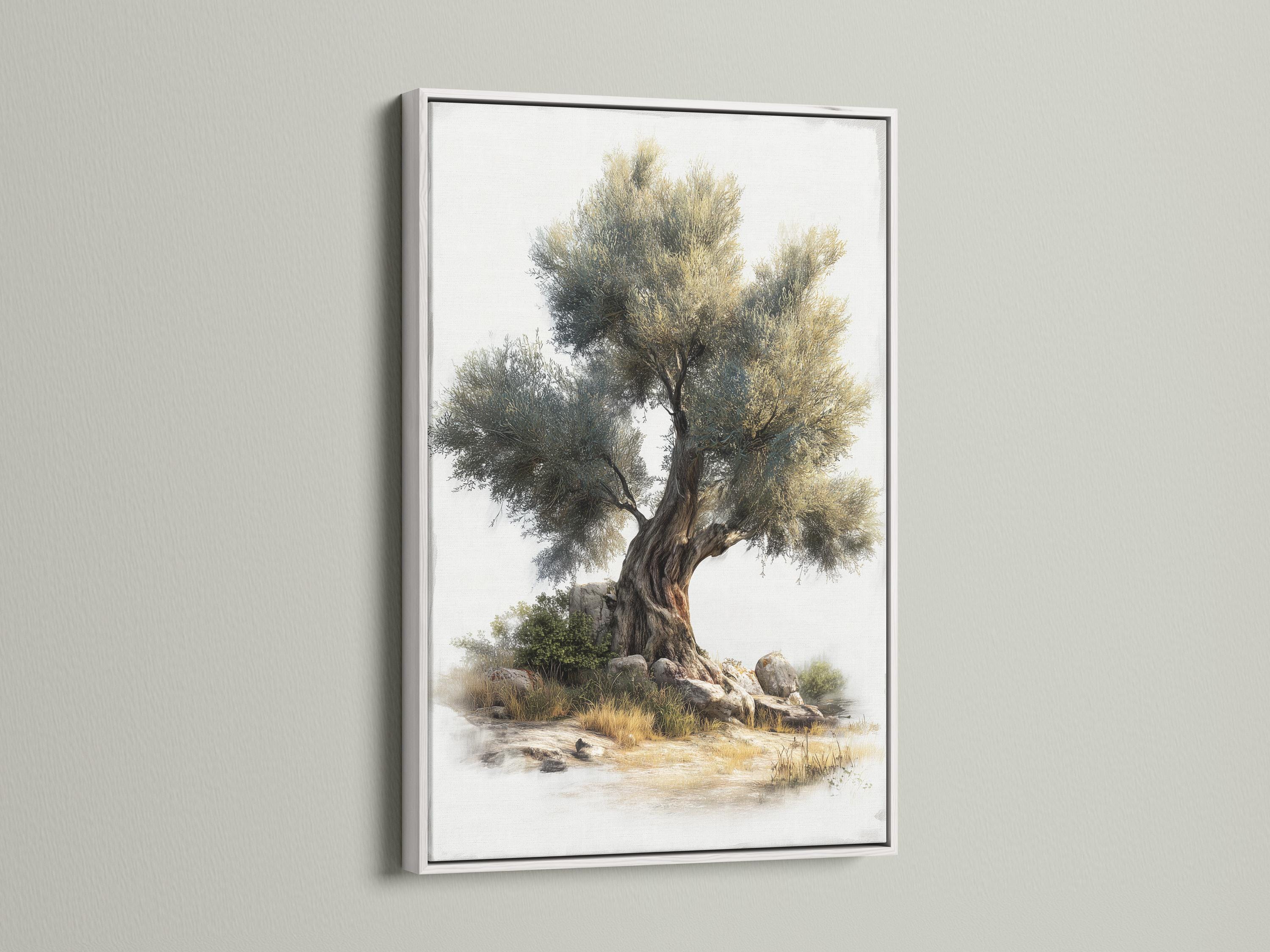 Painterly olive tree with dense green foliage above rocky riverbank and calm water in soft mist detail view