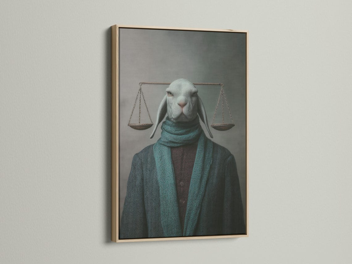 Room mockup showing a framed hare portrait artwork with hanging scales