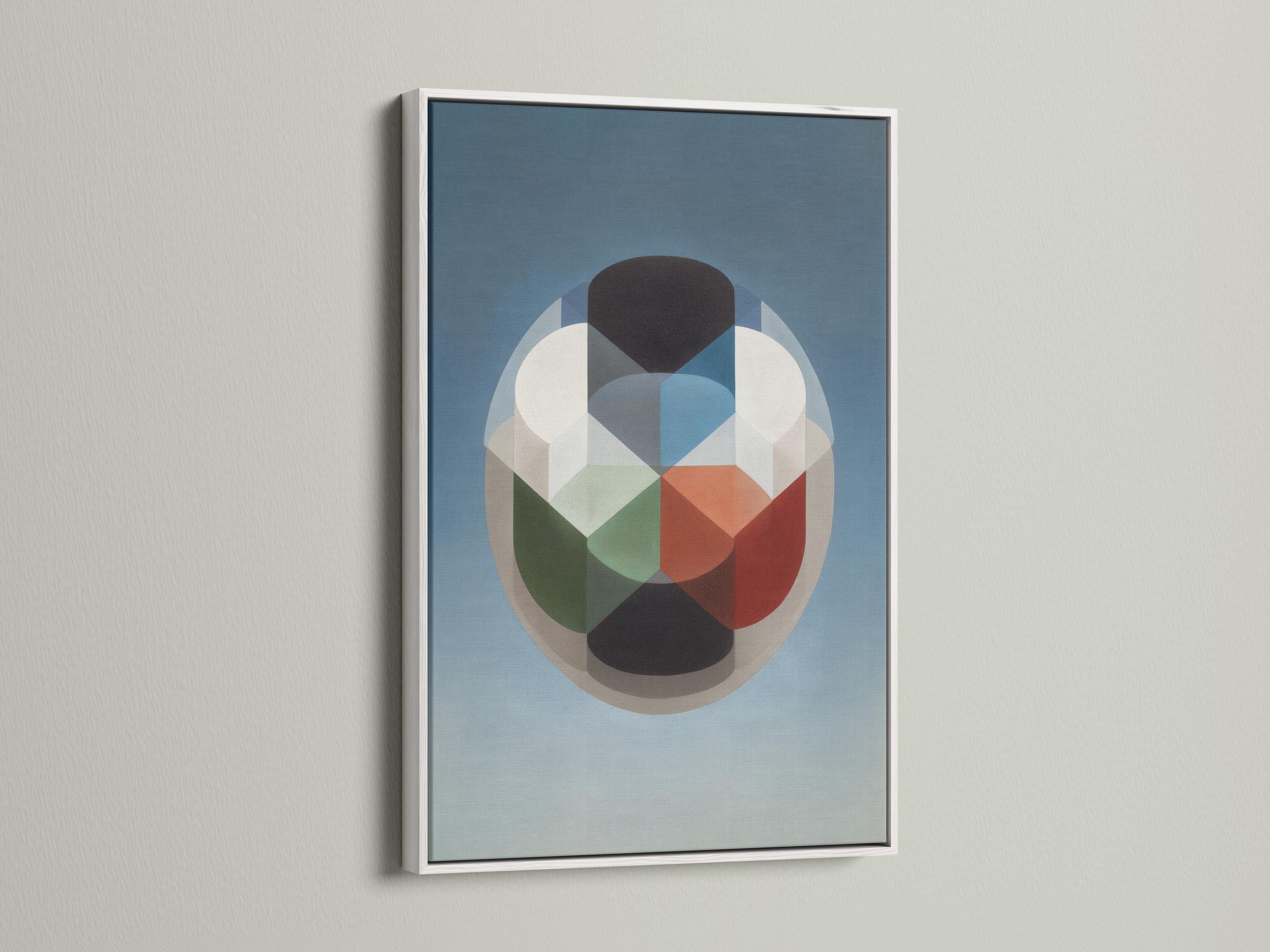 A blue geometric composition features a central rounded cluster of overlapping blocks and circles in cream, grey, dark charcoal, and warm red accents