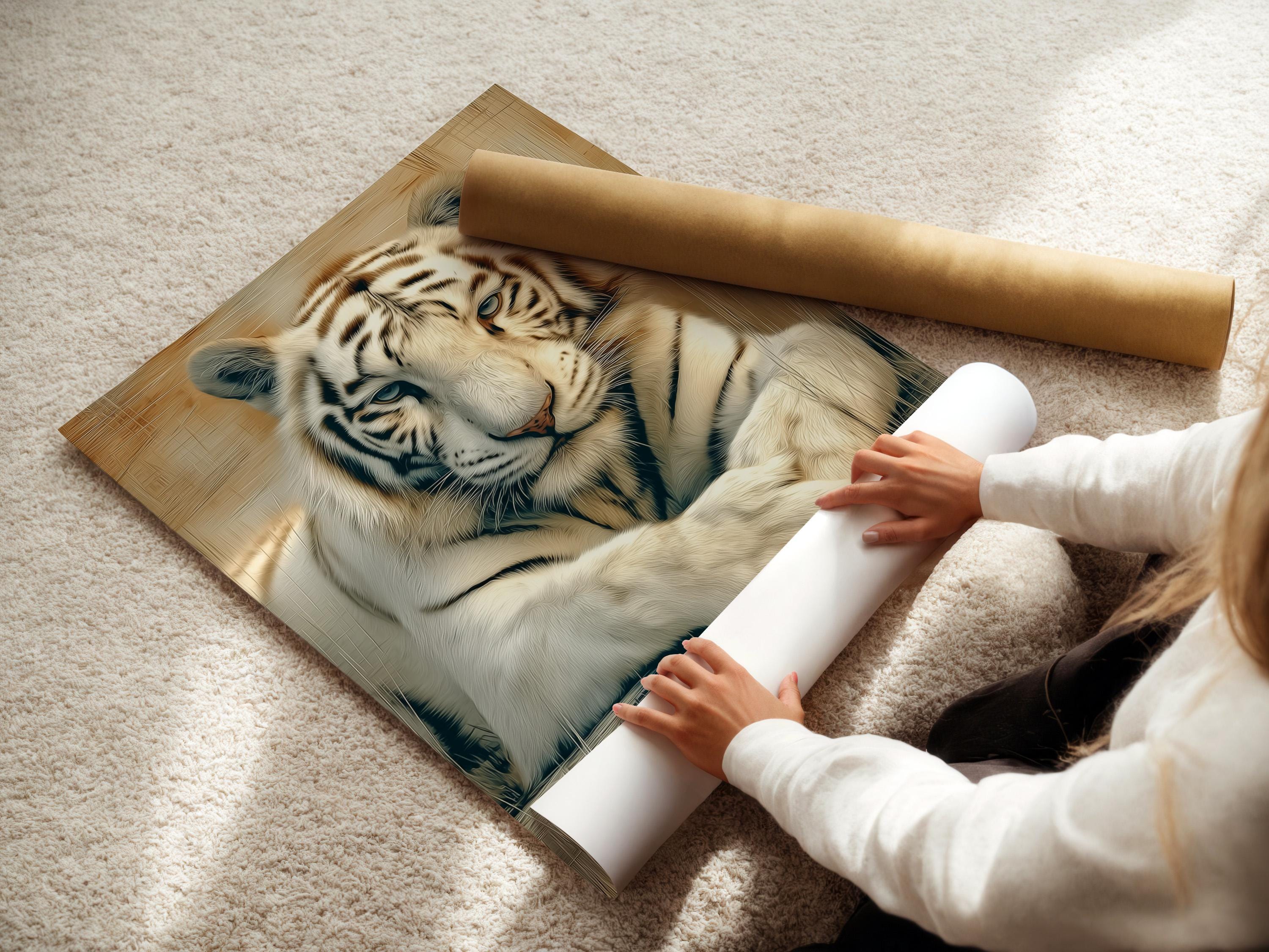 Office mockup with a tiger portrait artwork on the wall