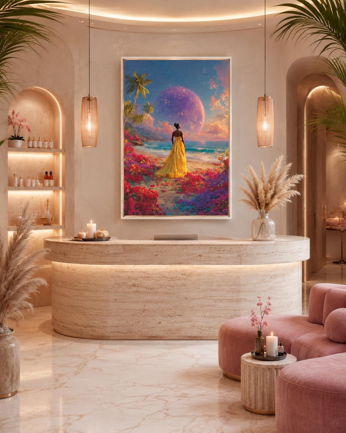 Room scene with a woman in a gold dress tropical beach artwork leaning against a wall