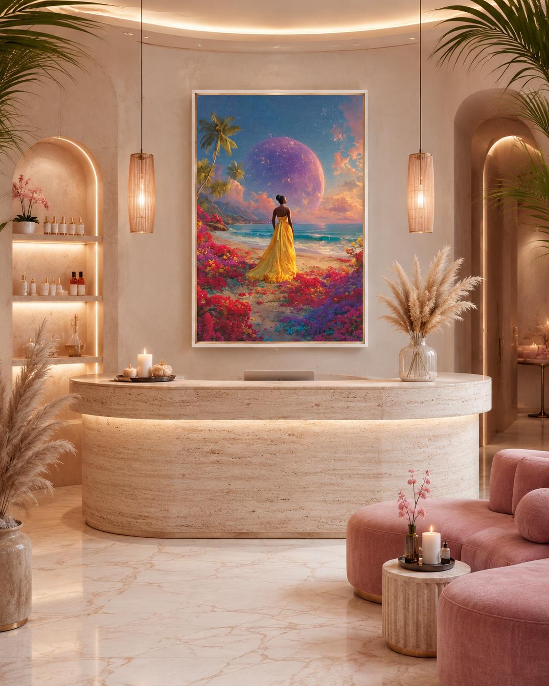 Room scene with a woman in a gold dress tropical beach artwork leaning against a wall