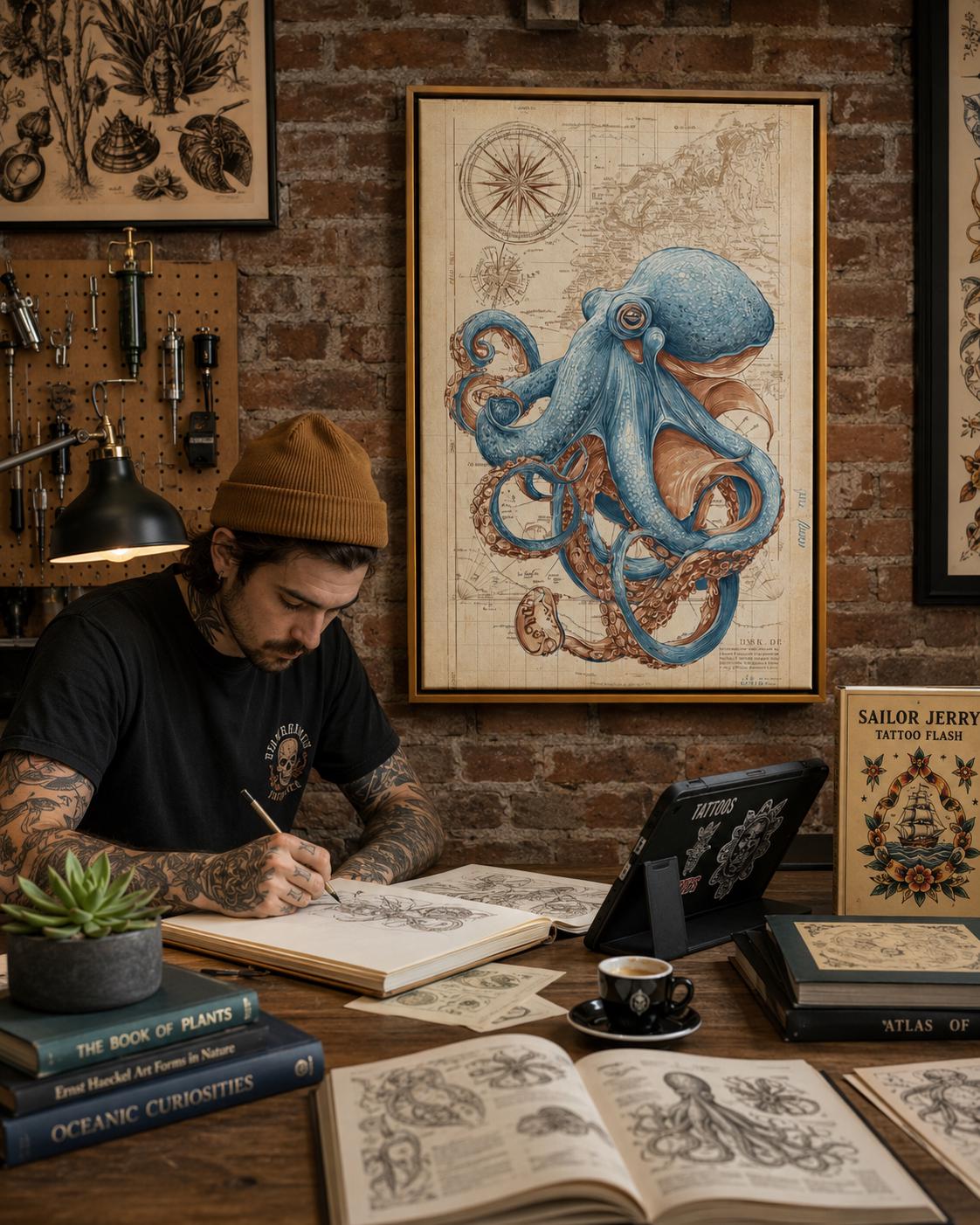 Blue octopus illustration over an antique beige nautical map with compass-like circles detail view