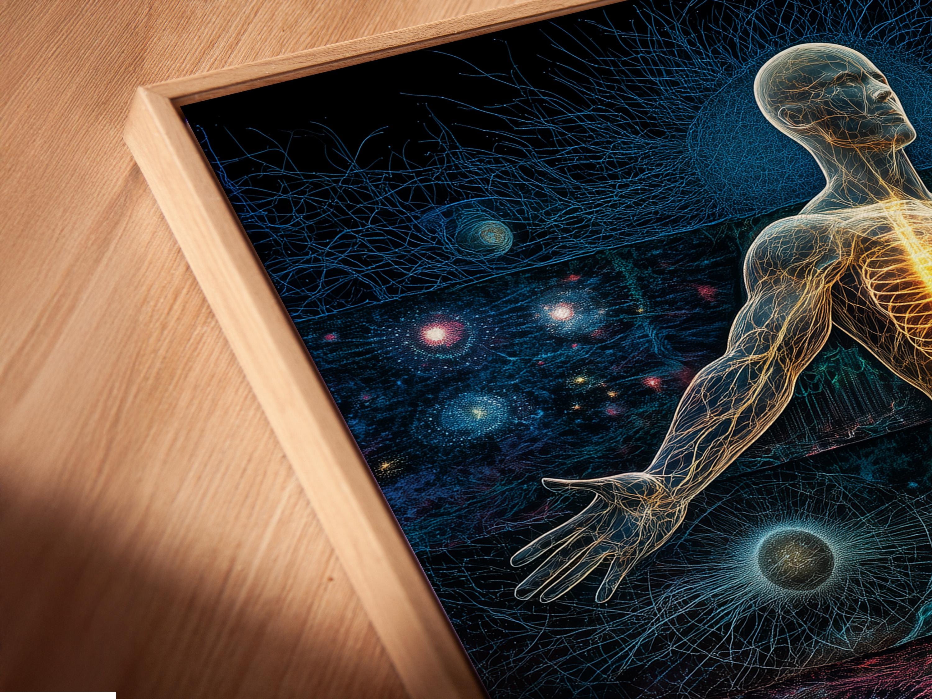 Woman standing beside a framed artwork showing a glowing energy human figure in blue, teal and red