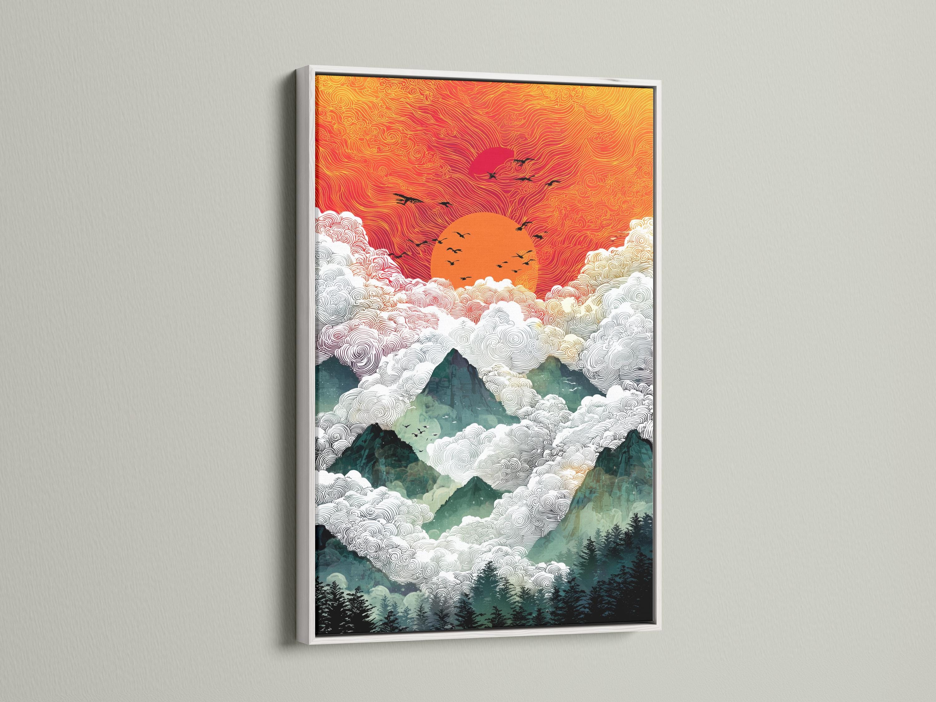 A stylised sunrise mountain scene fills the artwork, with swirling cloud lines, layered peaks, and small black bird silhouettes across a warm orange