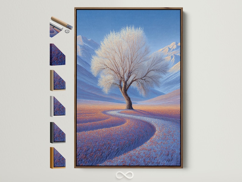 Lone leafless tree in a blue winter landscape with snowy hills and a warm orange horizon glow