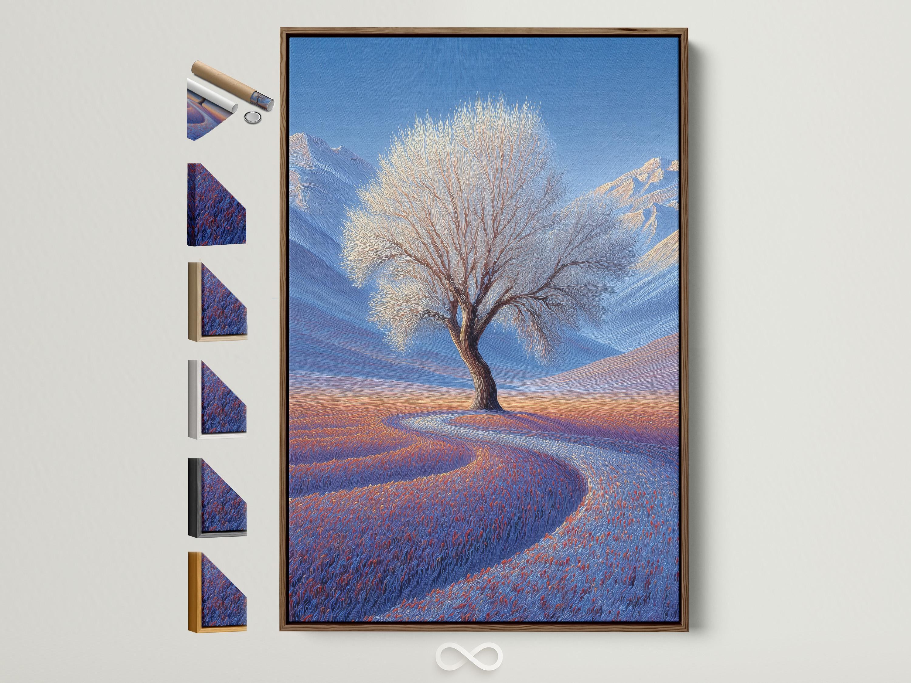 Lone leafless tree in a blue winter landscape with snowy hills and a warm orange horizon glow