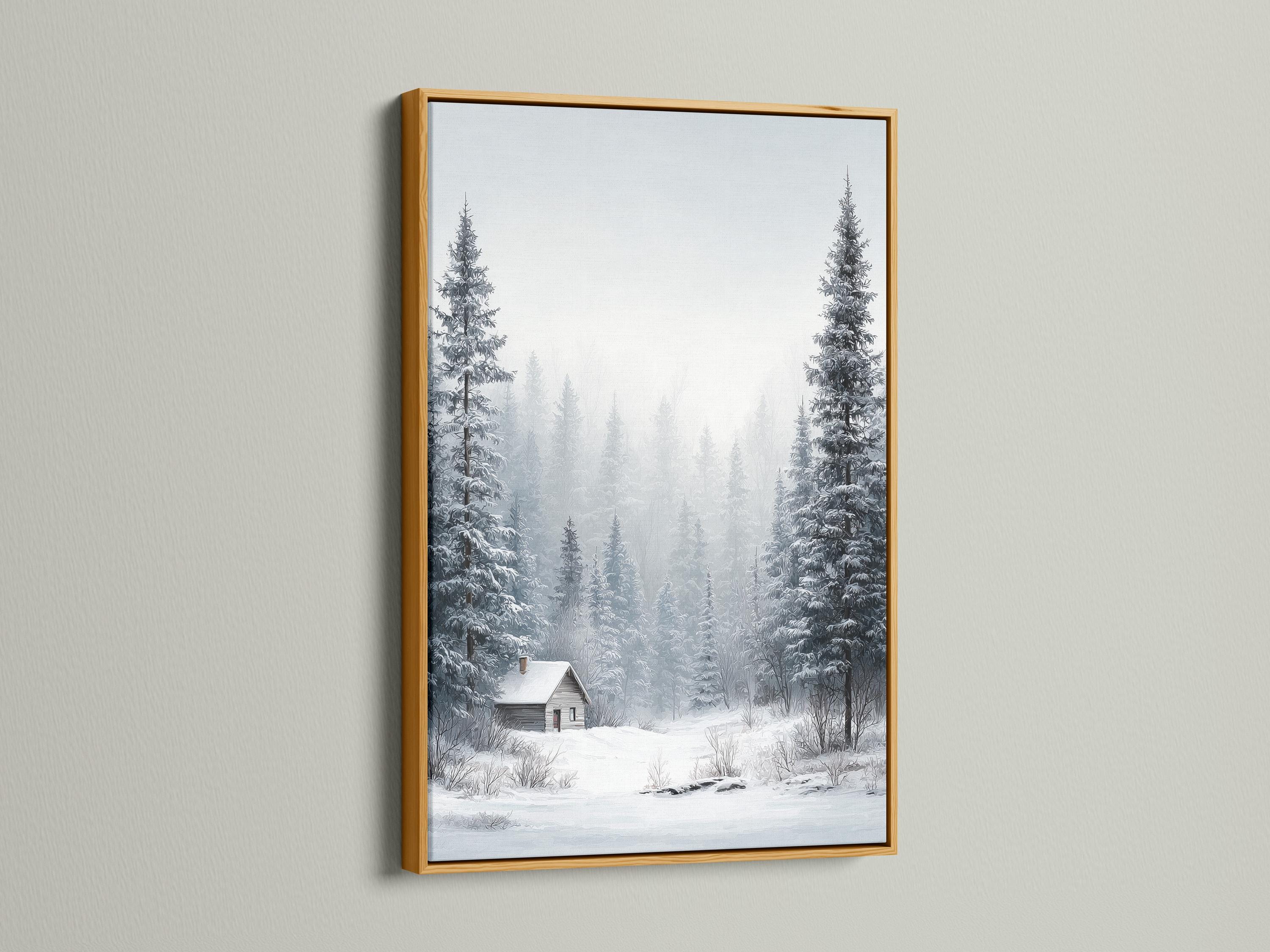 Snowy winter forest scene with pine trees, mist, and a small cabin detail view