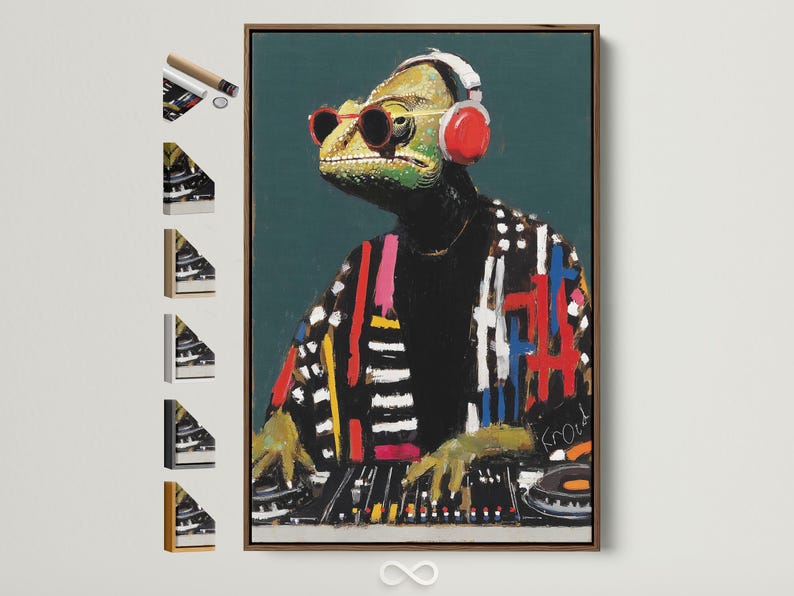 Stylised reptile character wearing oversized red headphones with vivid paint strokes