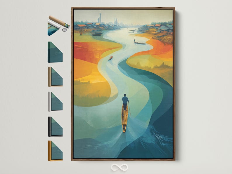 Abstract river landscape with a small boat and distant skyline, shown in blue, teal, and warm orange tones