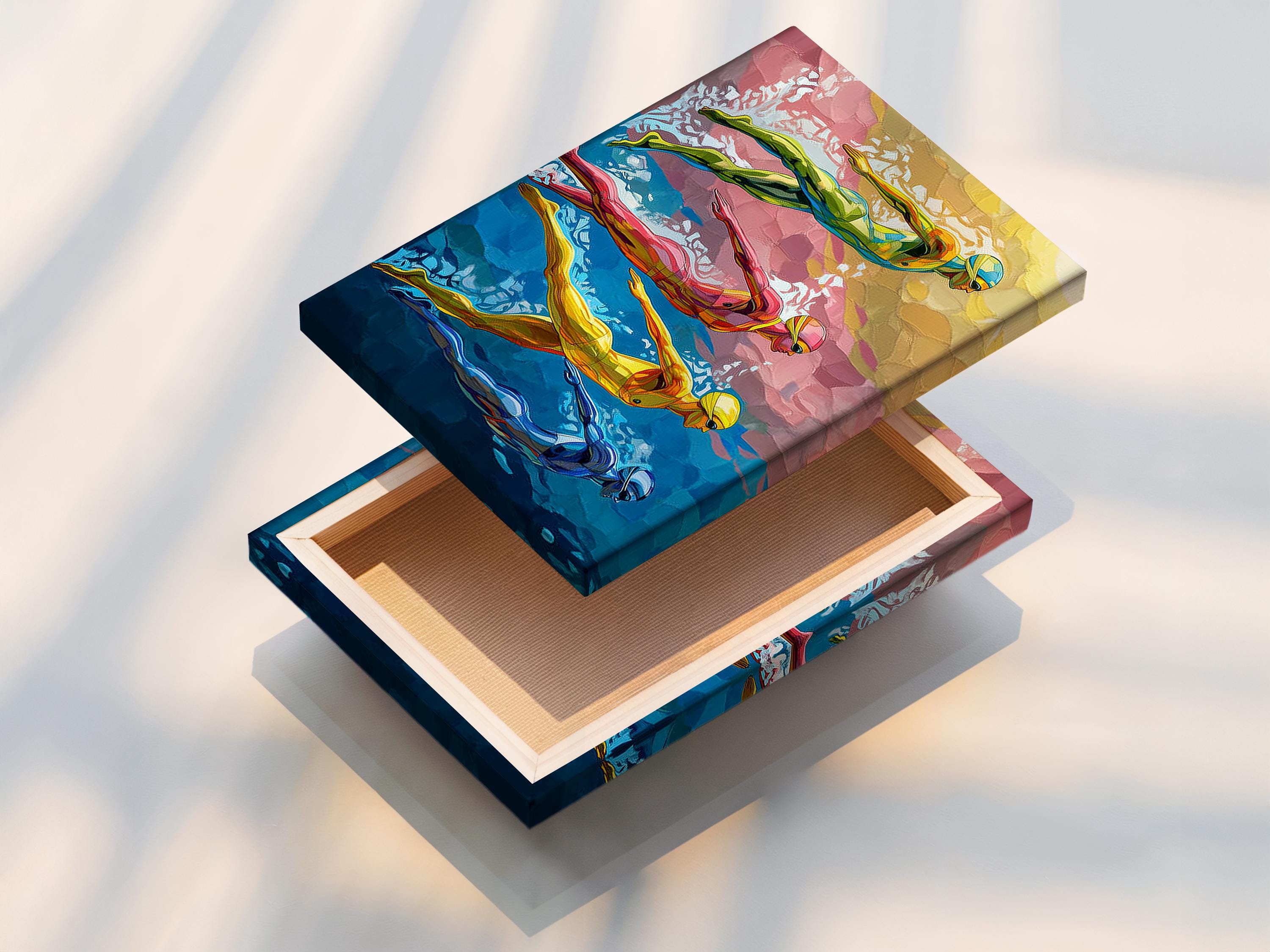 Room mockup showing a framed swimmer artwork on a light wall