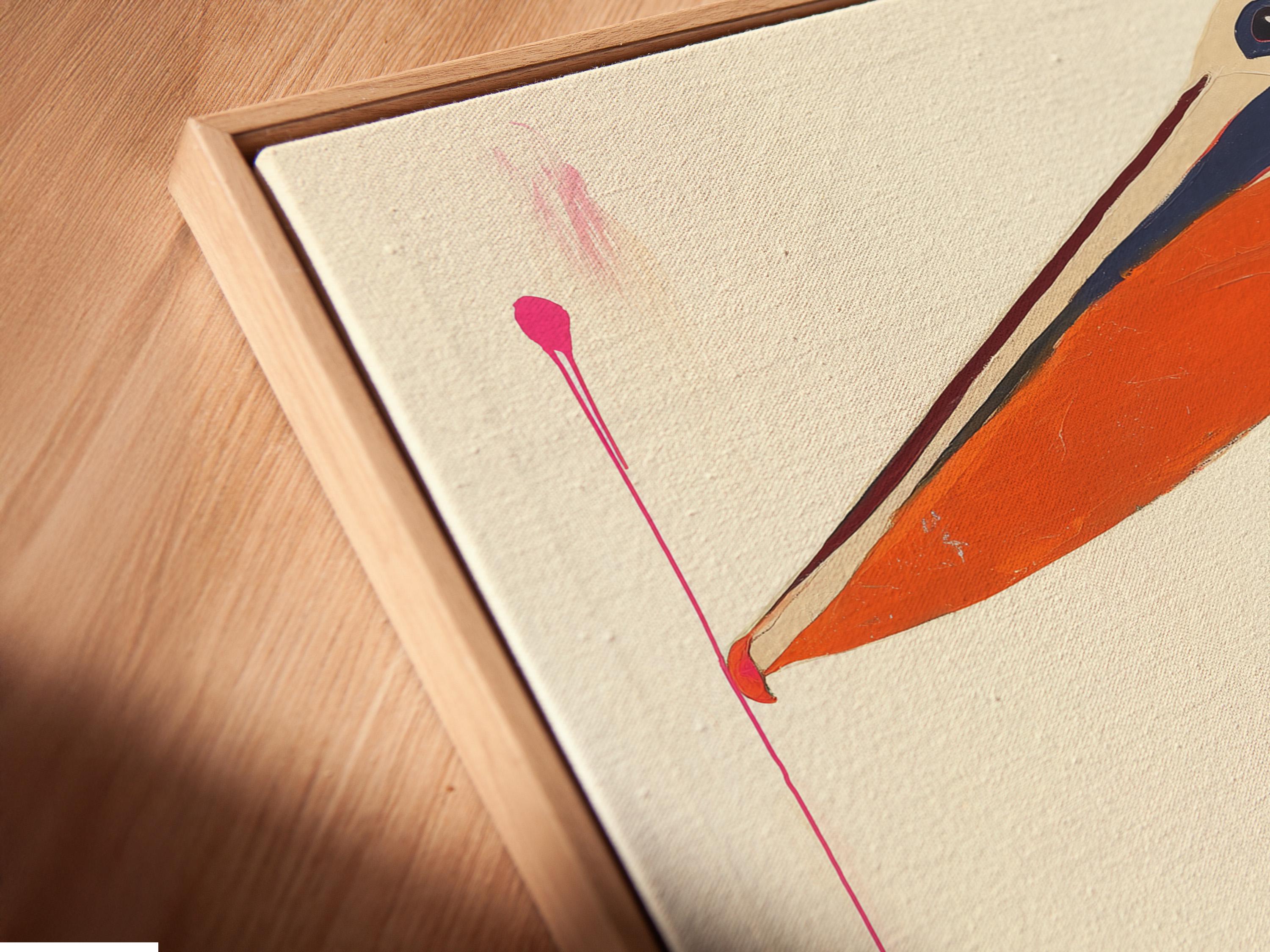 Stylised pelican with warm orange beak on a cream background and pink drips detail view