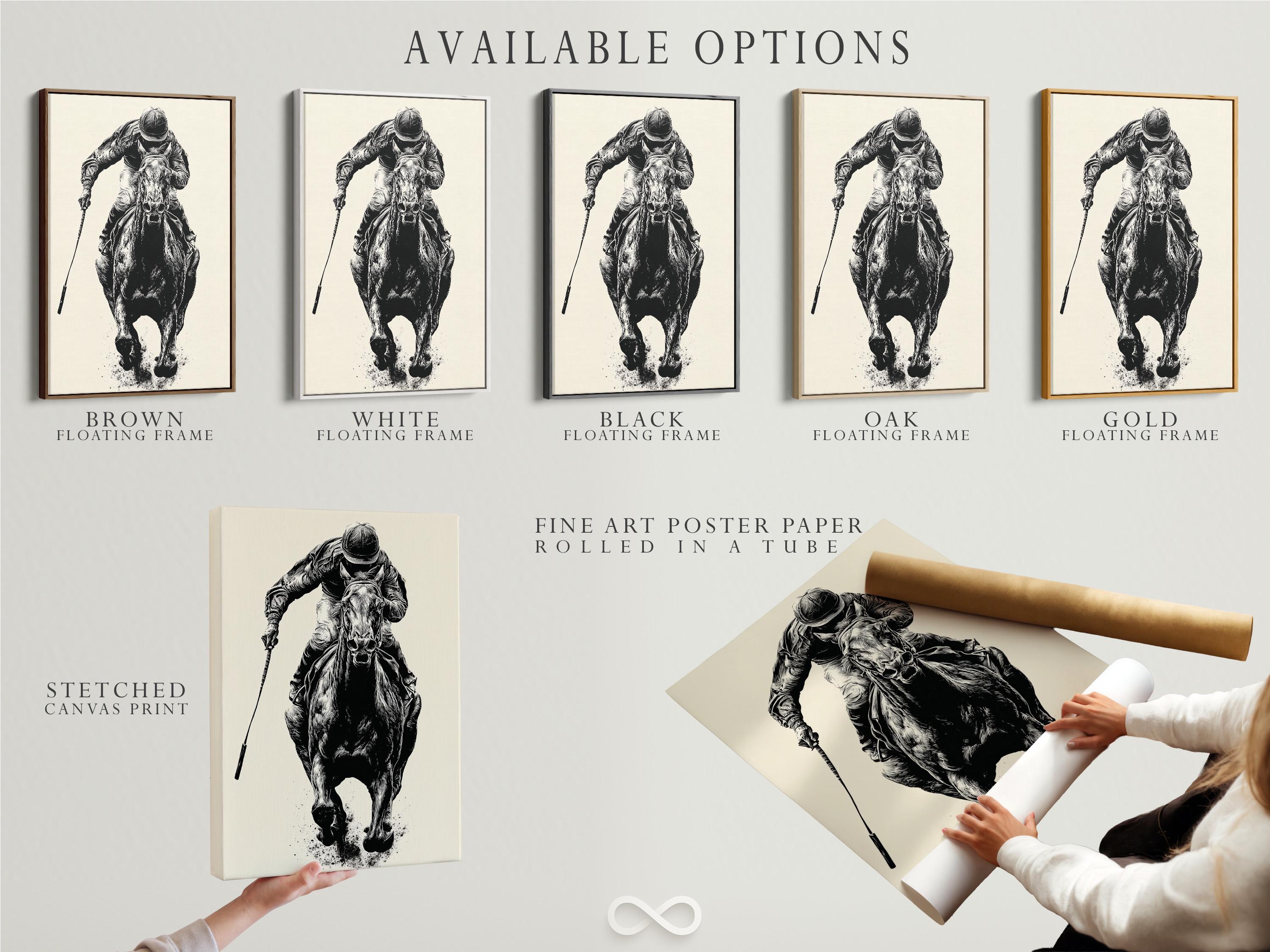 Mockup showing a framed black and white equestrian polo rider illustration