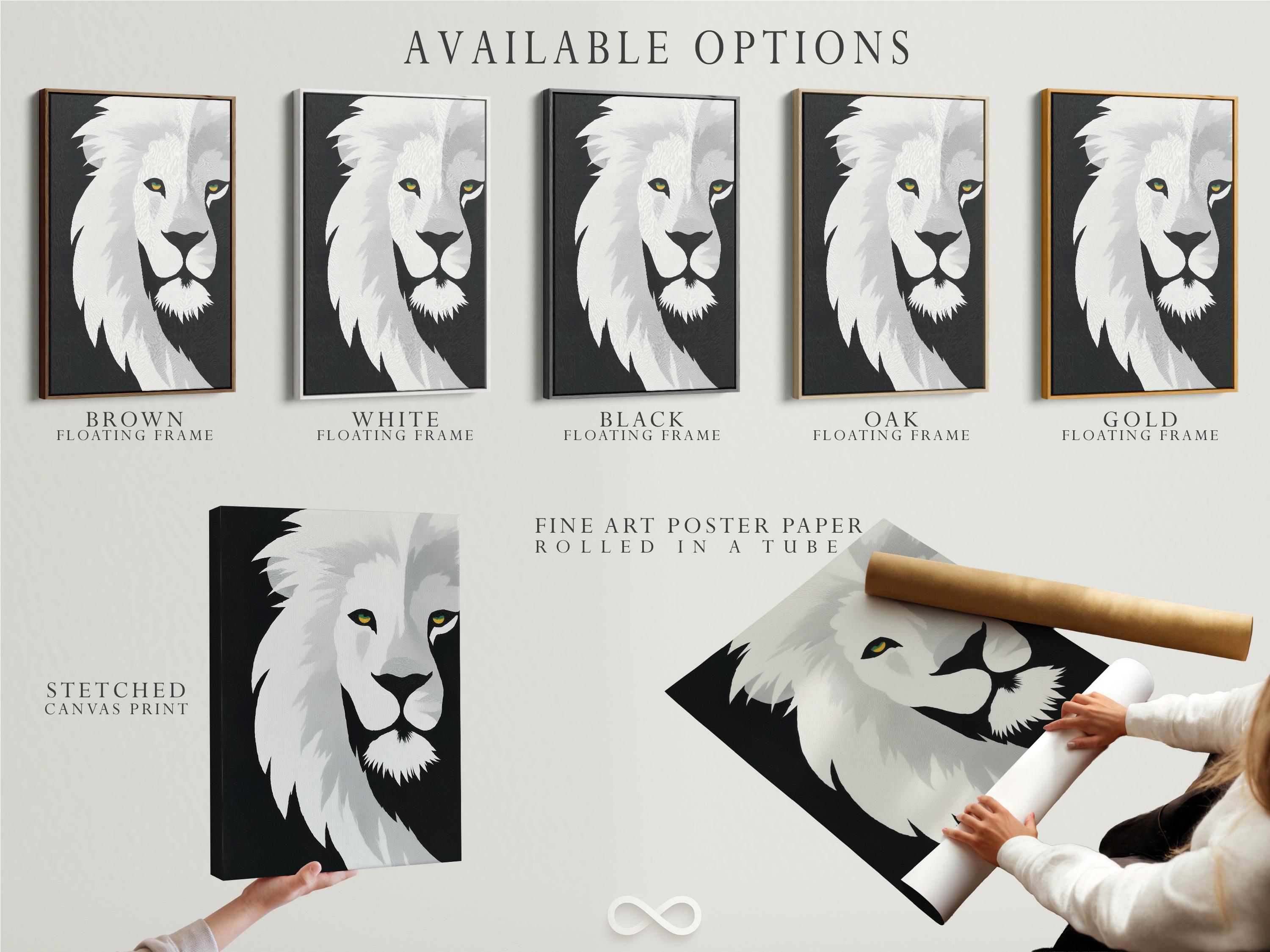 Monochrome lion portrait artwork with stylised mane and yellow-green eye highlights detail view
