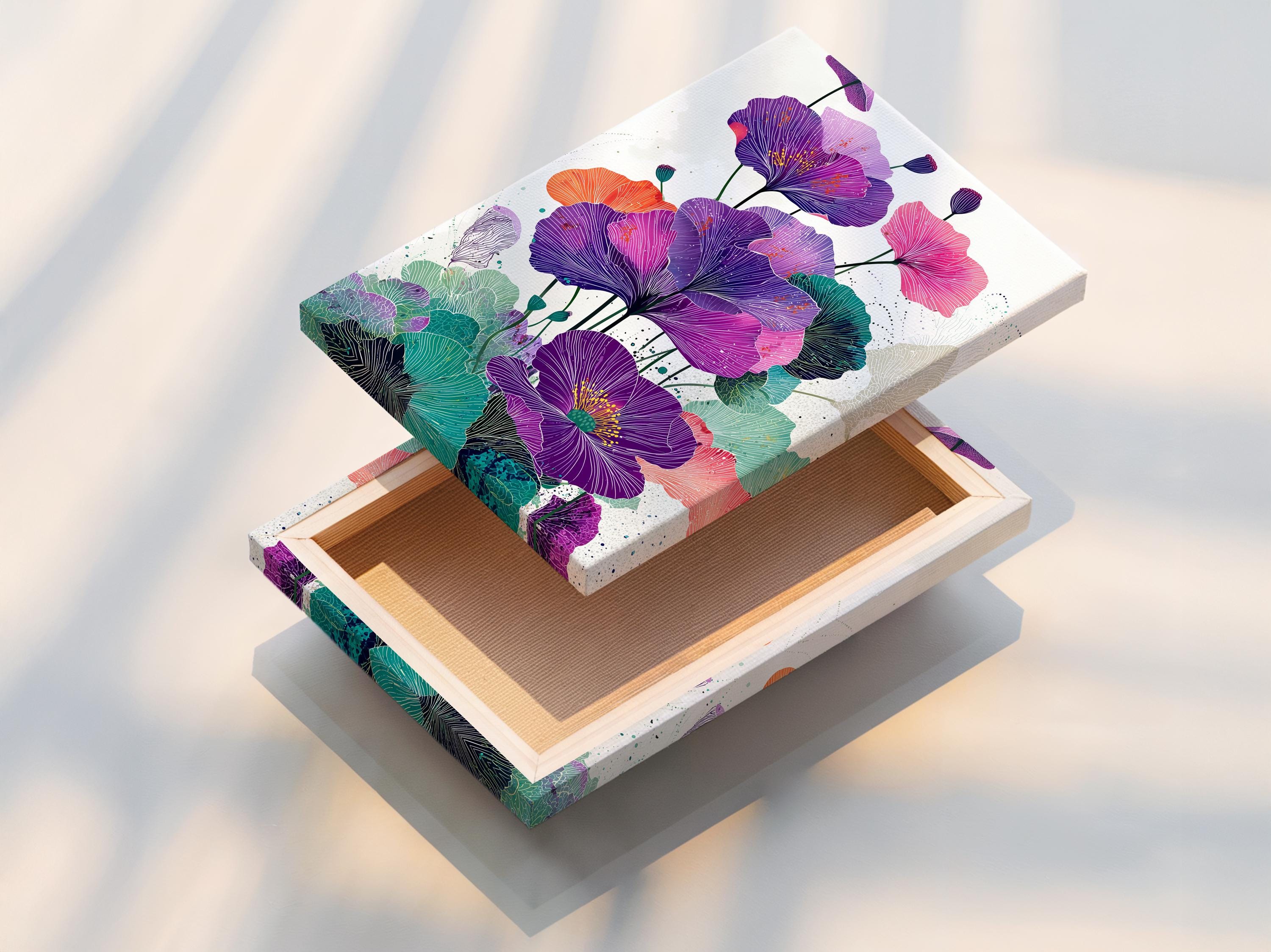 Botanical wall art showing purple flowers with teal leaves and pink accents in a framed layout